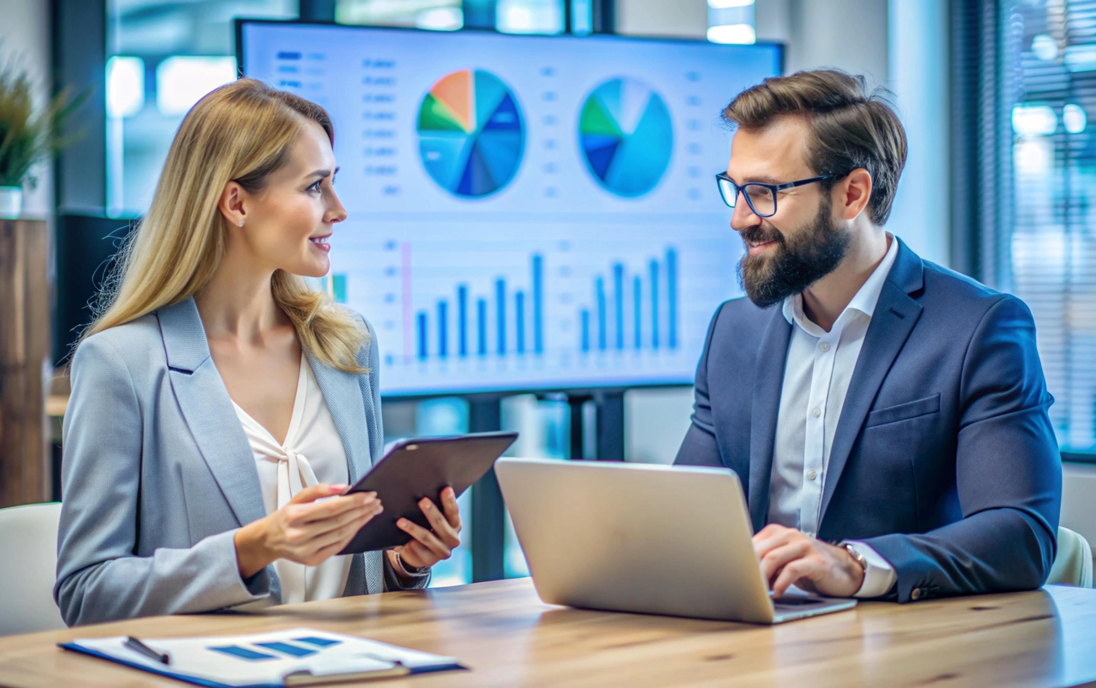 Mann und Frau in Business-Kleidung diskutieren mit Laptop, Diagramme im Hintergrund