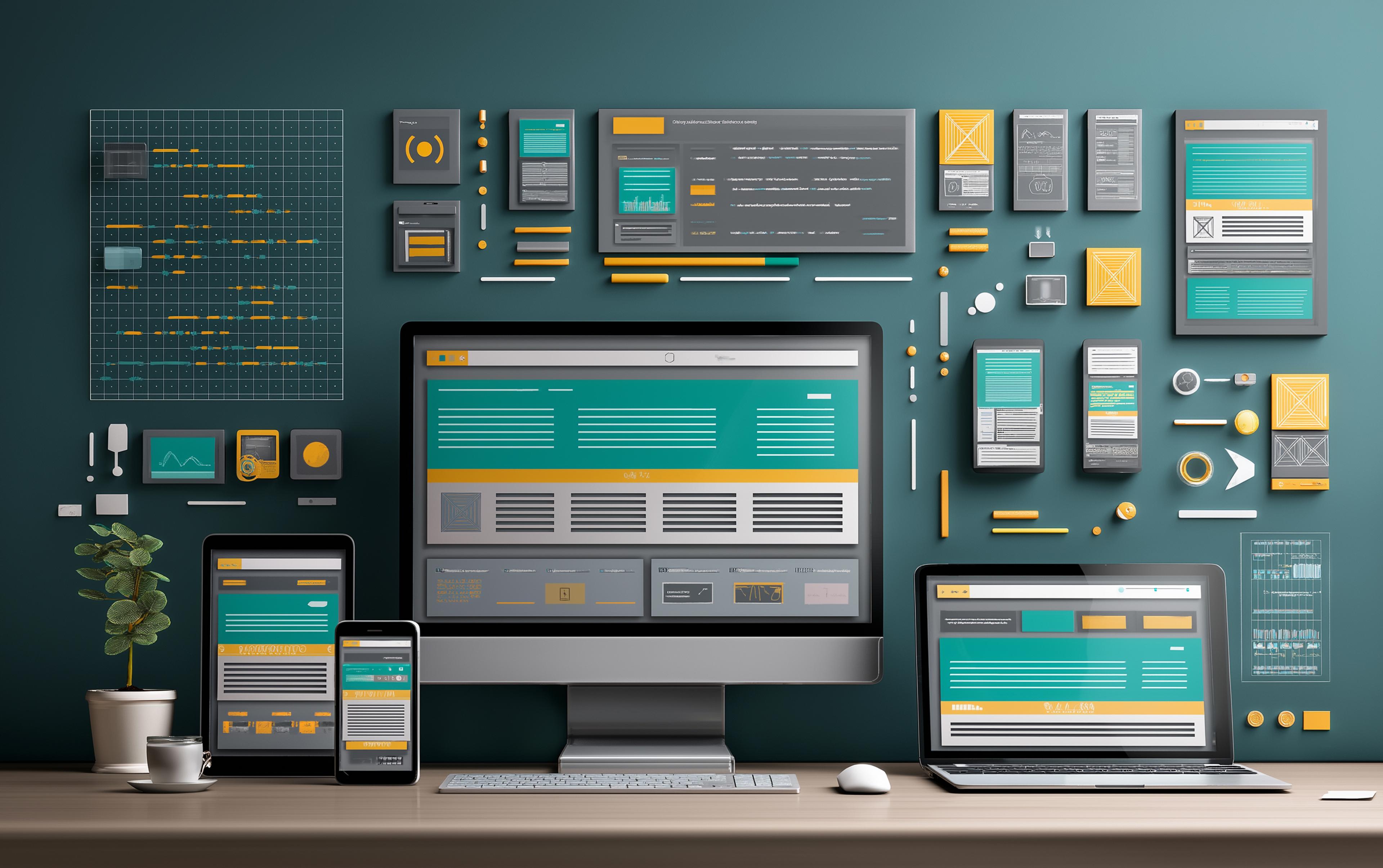 Ein moderner Schreibtisch mit Desktop-Computer, Laptop, Tablet und Smartphone, umgeben von zahlreichen UI-Design-Elementen an der Wand