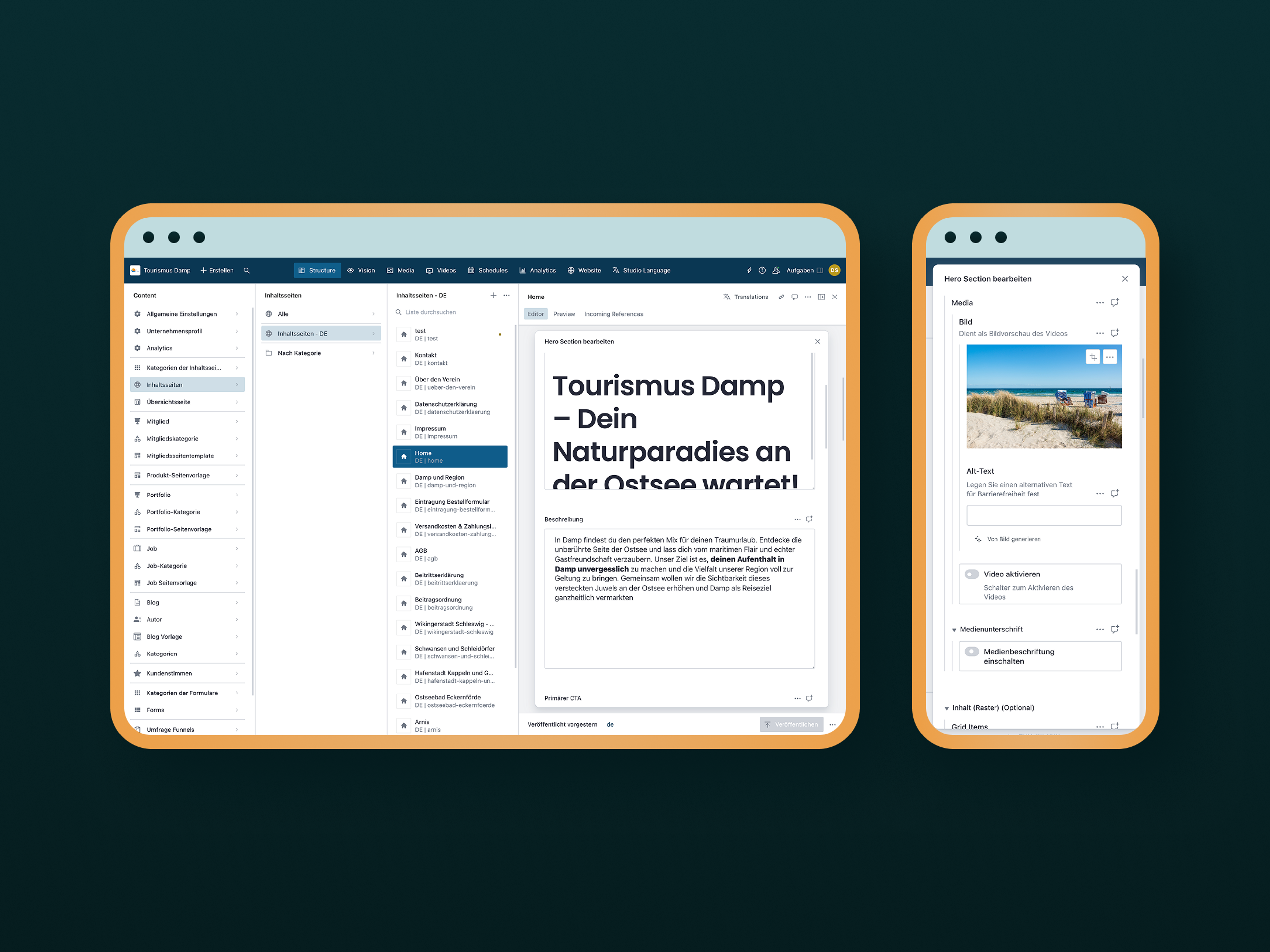 Screenshot eines Content-Management-Systems auf Tablet- und Smartphone-Mockups mit geöffnetem Editor für 'Tourismus Damp' und einer Vorschau des Hero-Bildes.