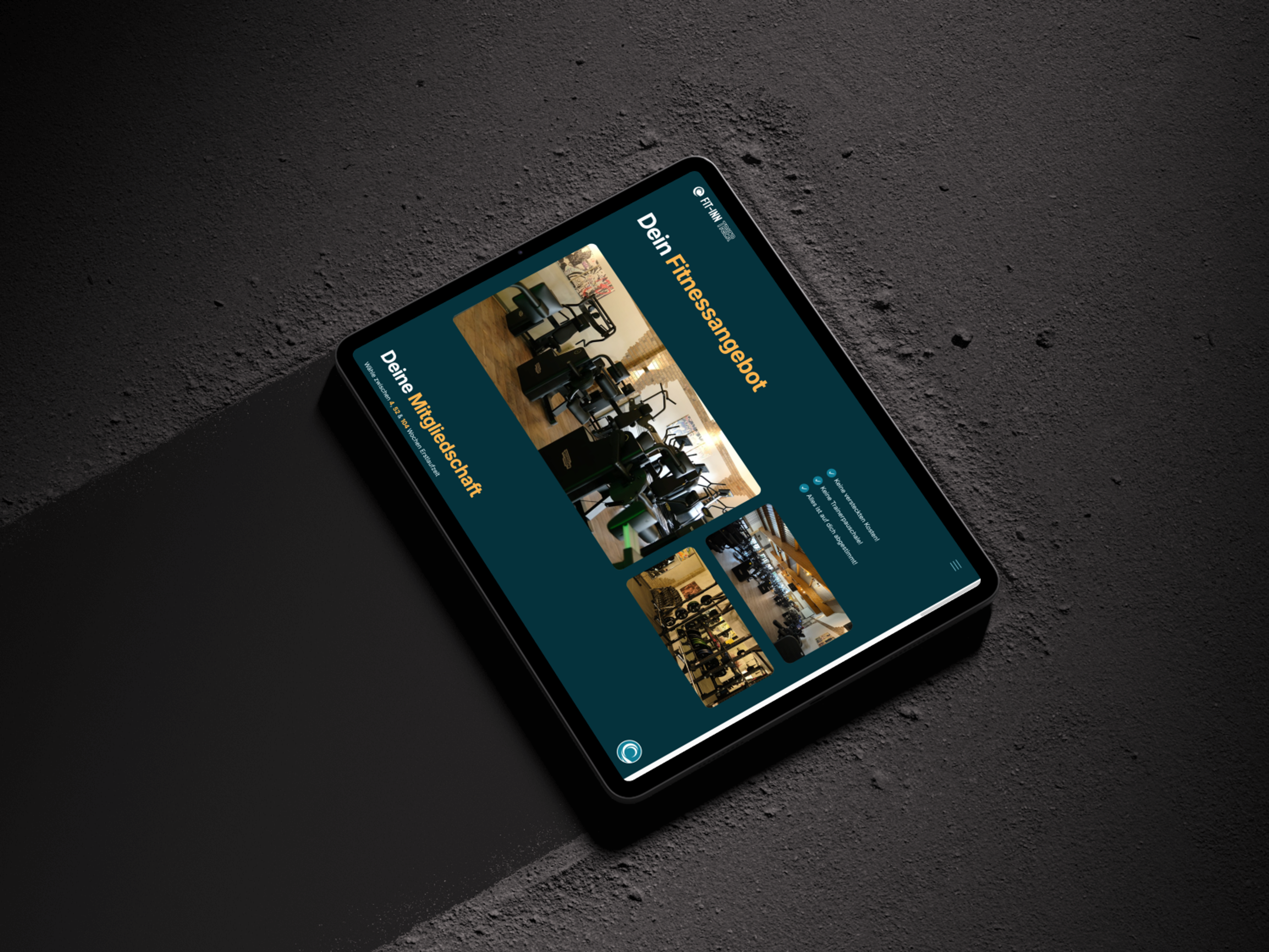 Et nettbrett som viser et treningsprogram med bilder av treningsutstyr på en mørk, strukturert bakgrunn.