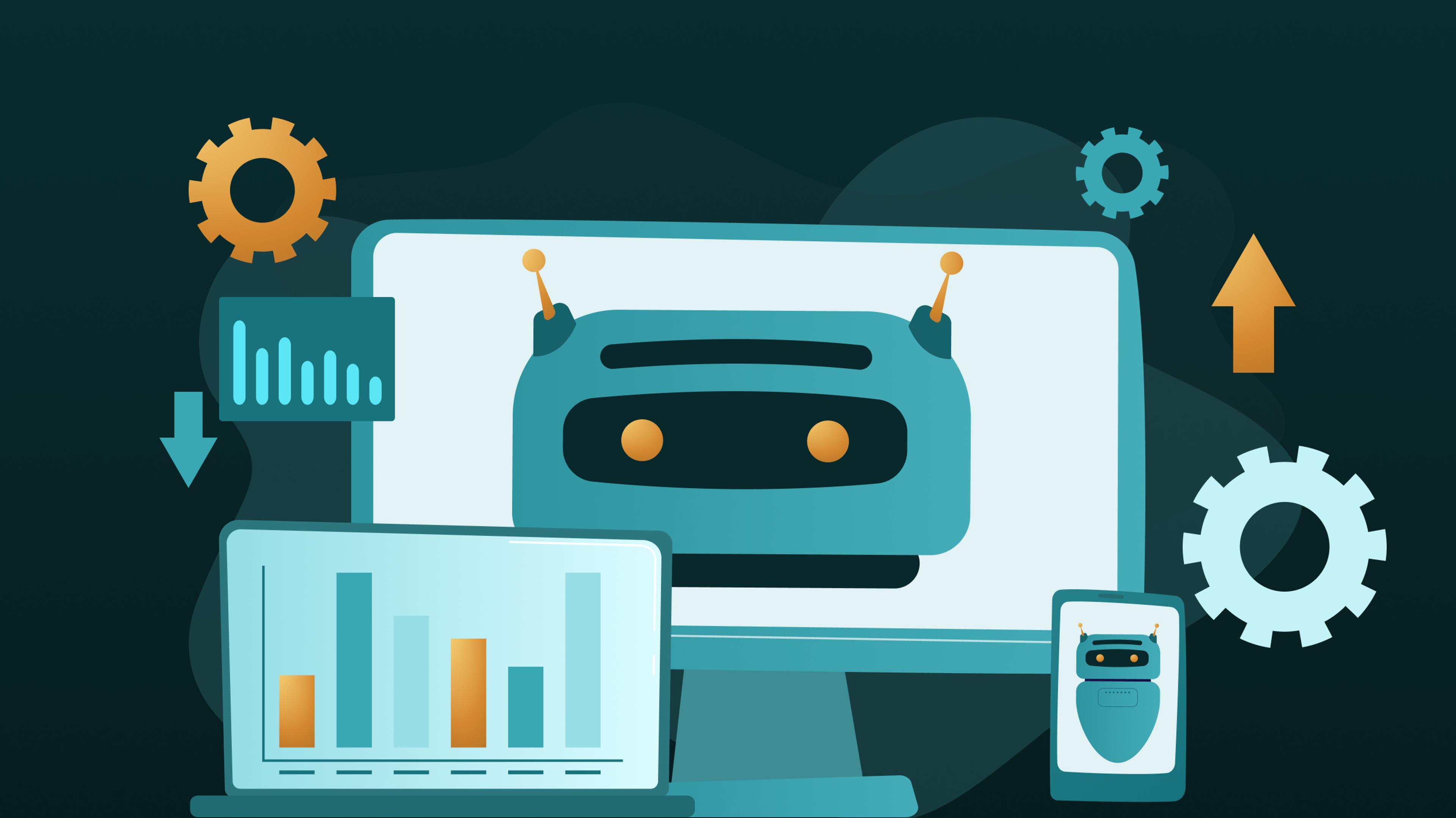 Roboter auf Computerbildschirm und mobilen Geräten, umgeben von Zahnrädern und Diagrammen in Türkis und Orange.