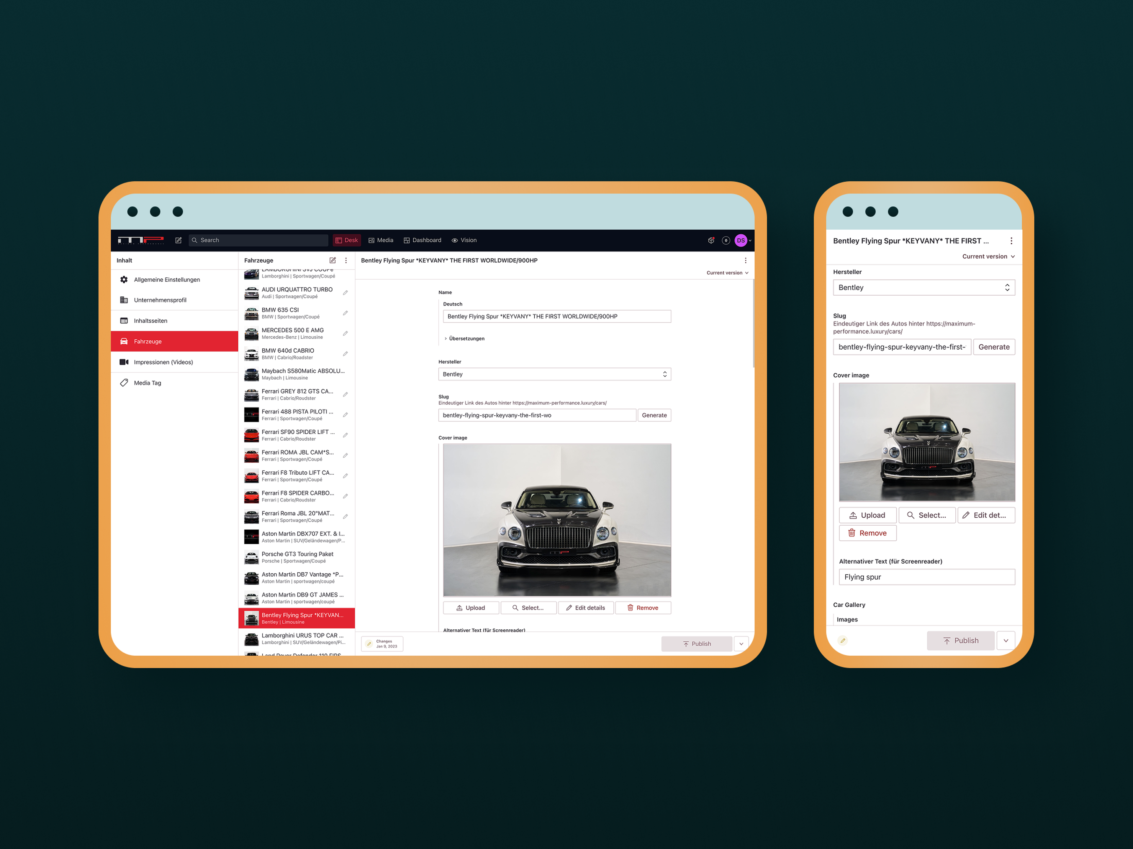 Abbildung einer responsiven CMS-Oberfläche mit geöffnetem Fahrzeugeintrag für einen Bentley Flying Spur, gezeigt in Tablet- und Smartphone-Ansicht