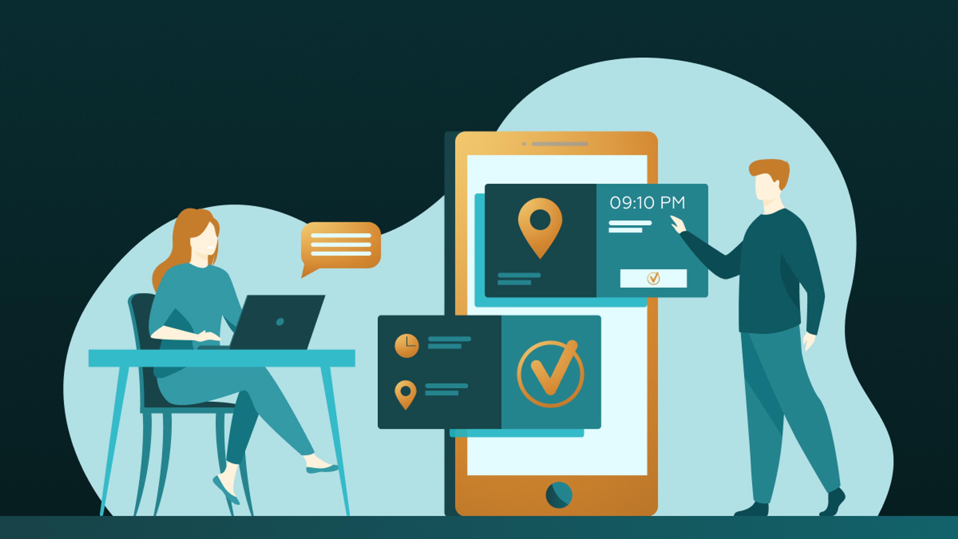 Eine Illustration mit einer Person am Laptop und einem großen Smartphone mit Zeit- und Standortanzeigen