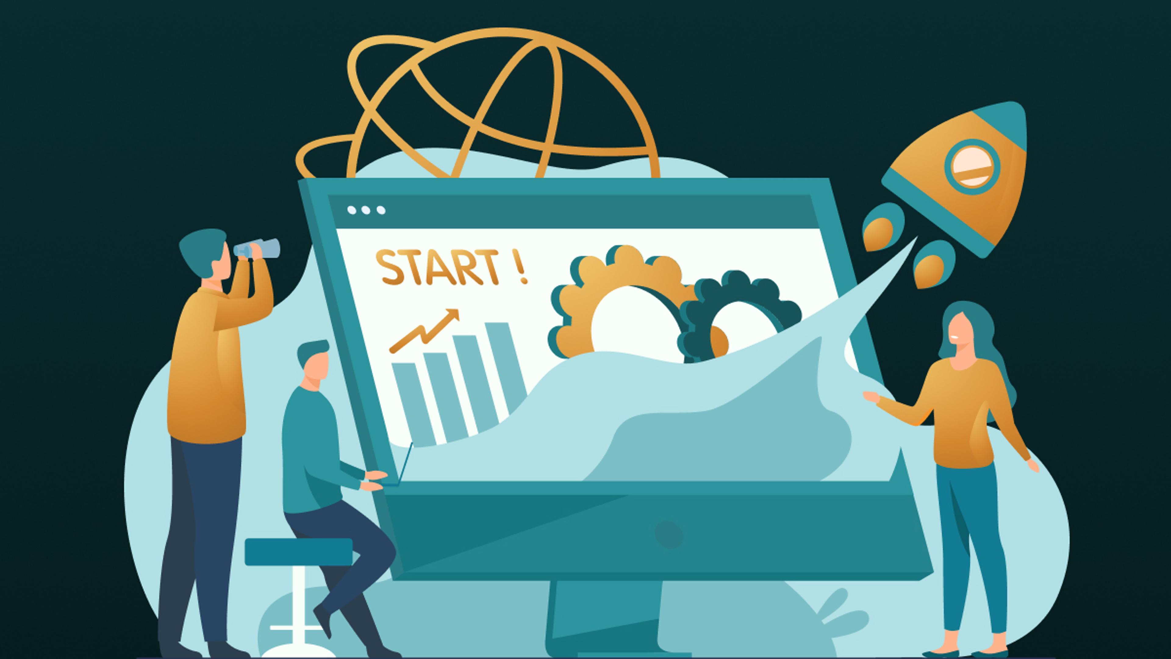 Eine Illustration zeigt einen großen Computermonitor mit dem Schriftzug START!, Balkendiagramm, Zahnrädern und eine startende Rakete