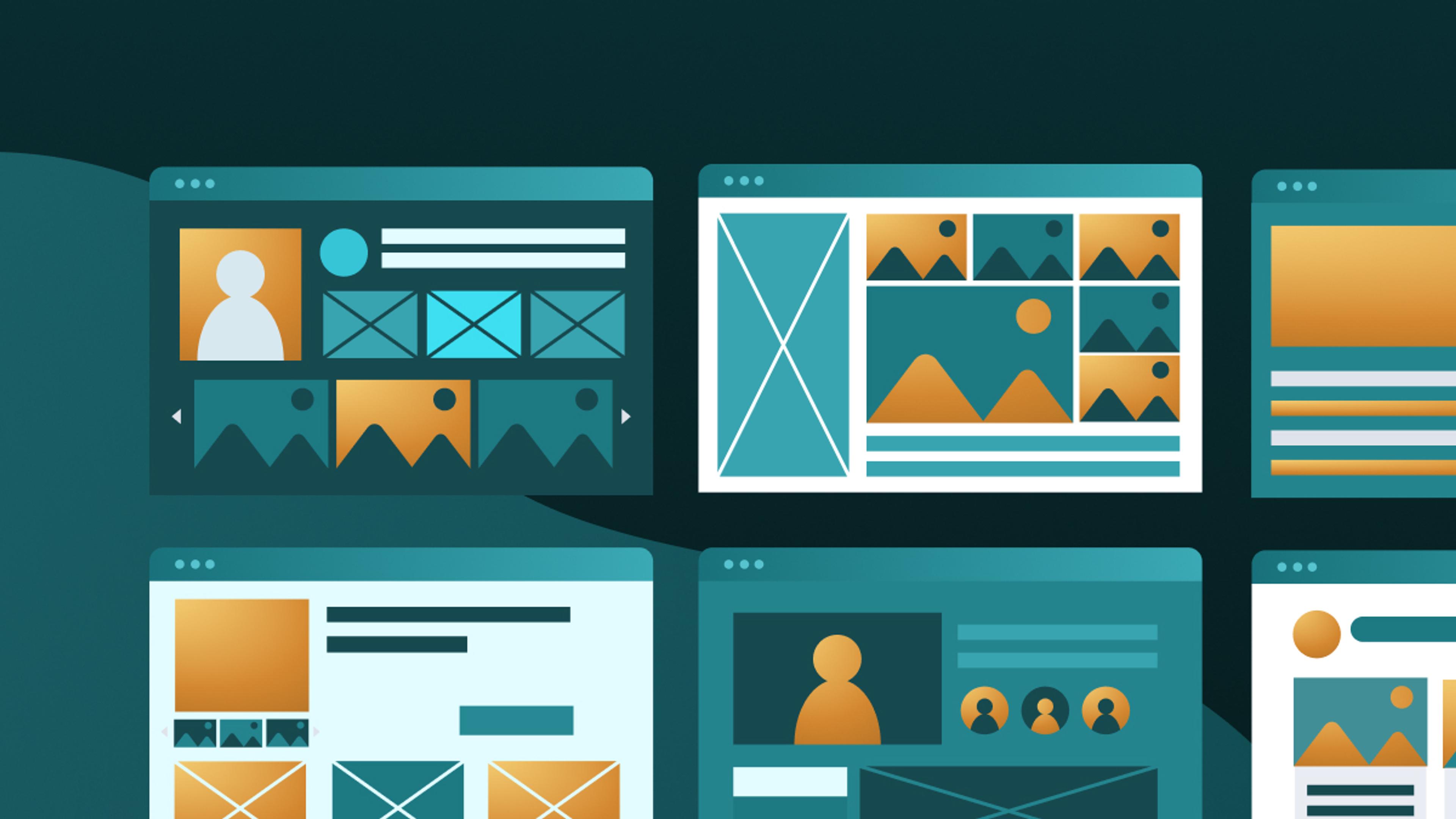 Illustration von Webdesign-Layouts in Blau- und Orangetönen, die verschiedene Webseiten-Layouts darstellen