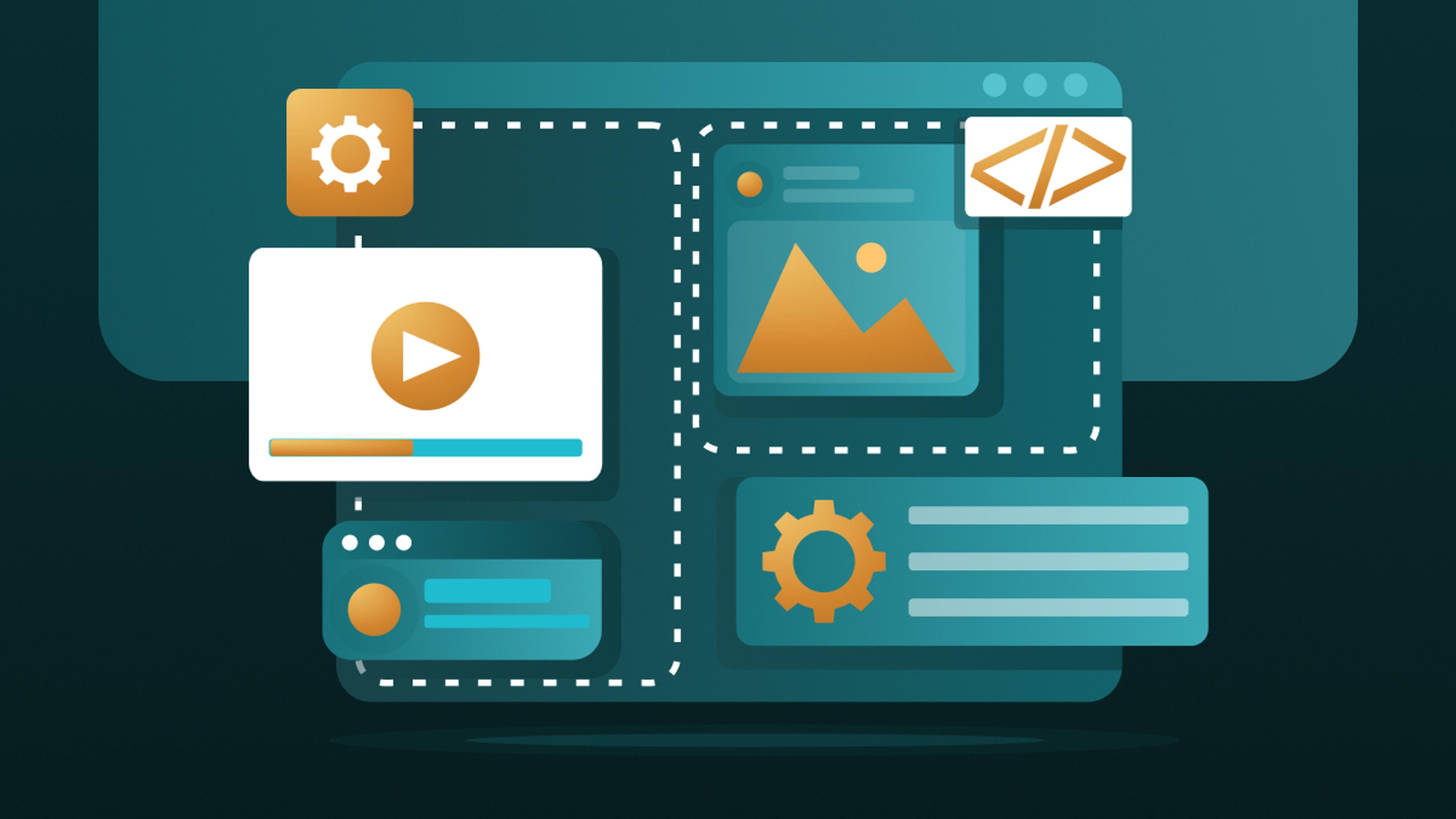 Abstrakte Visualisierung modularer Web- und UI-Komponenten als verbundene Kacheln mit Icons für Video, Bild, Code und Einstellungen