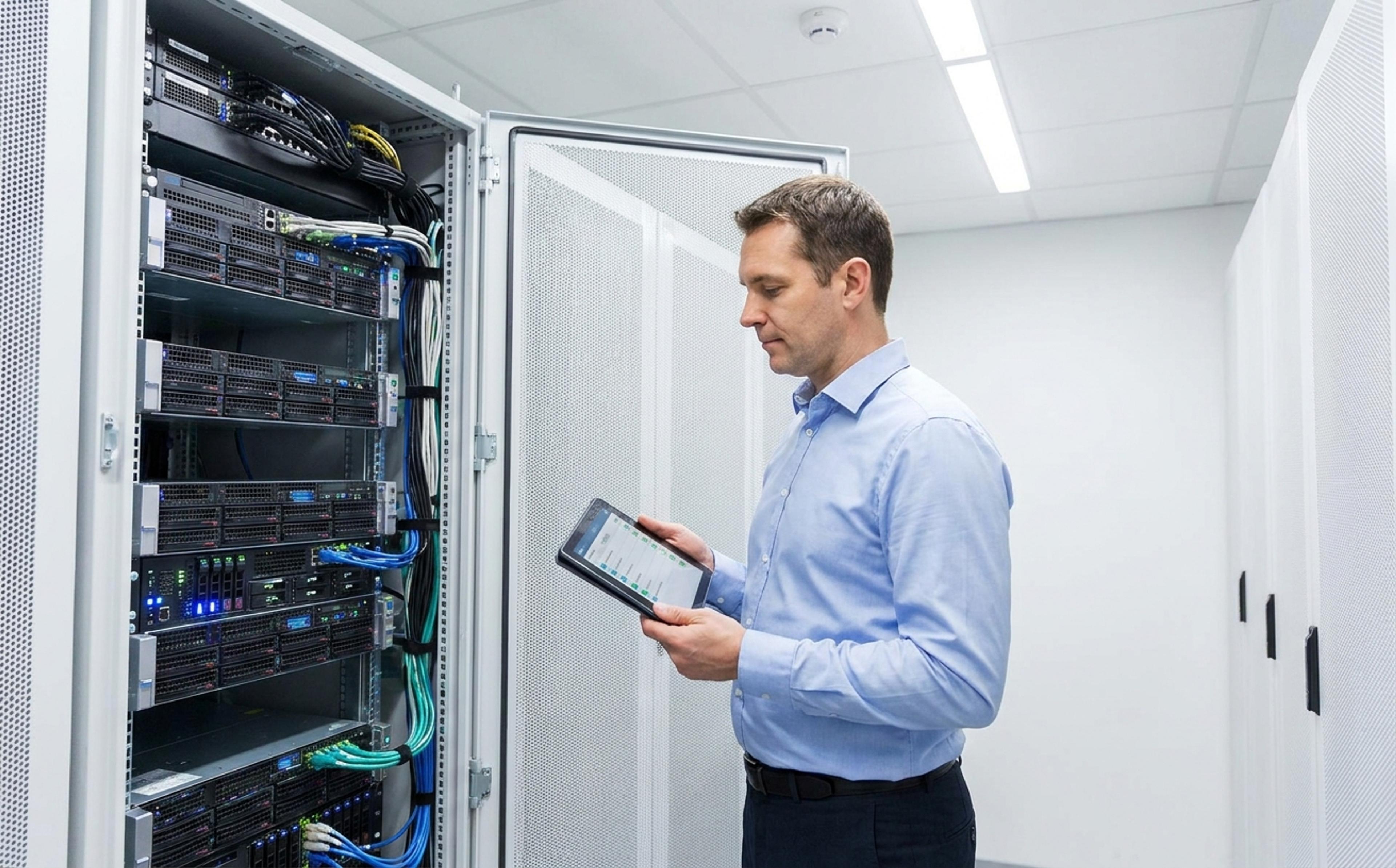 IT-tekniker kontrollerer et åpent serverskap med et nettbrett i et lyst serverrom
