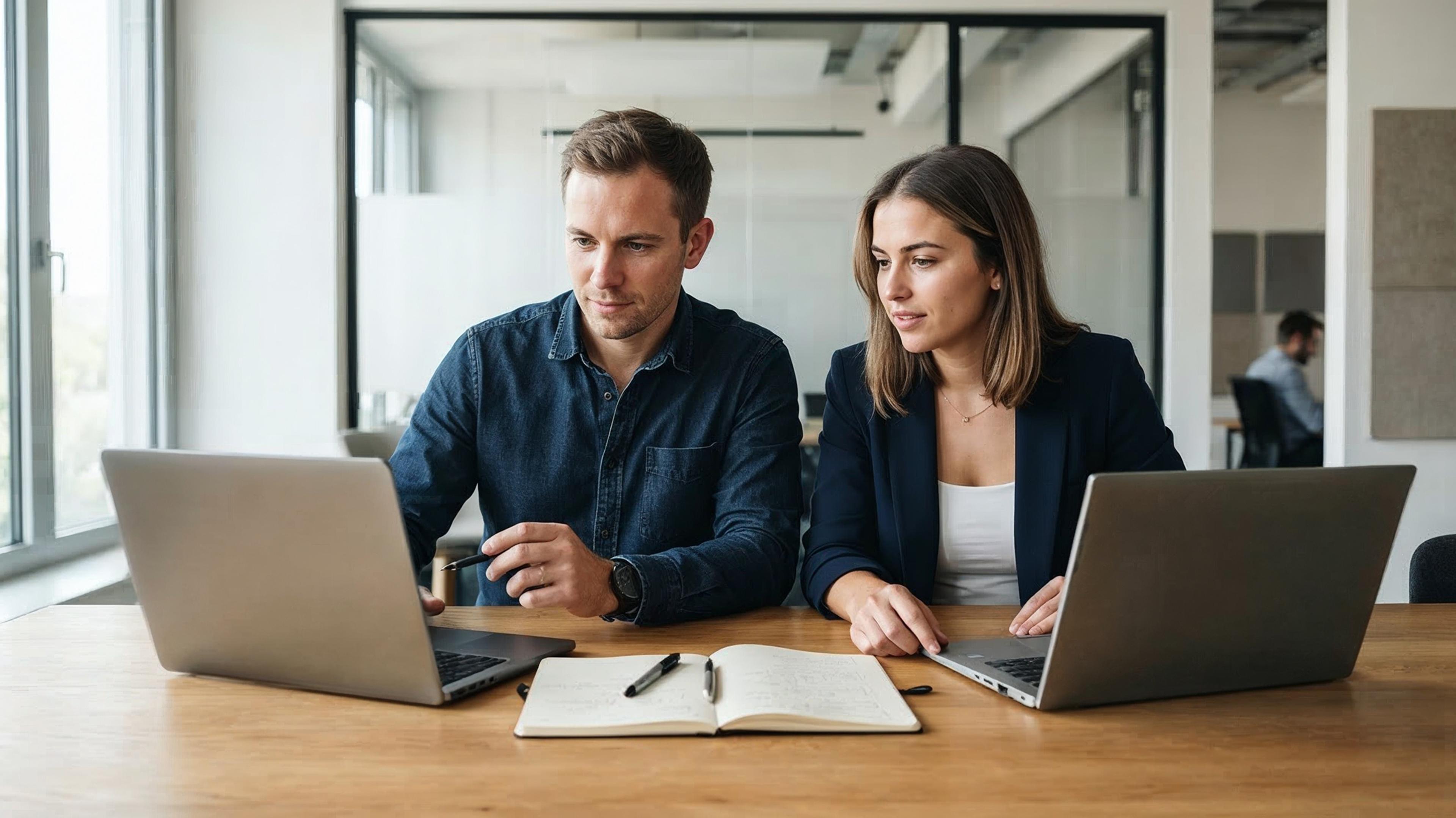 Mann und Frau arbeiten an Laptops, Notizbuch auf Tisch, modernes Büro