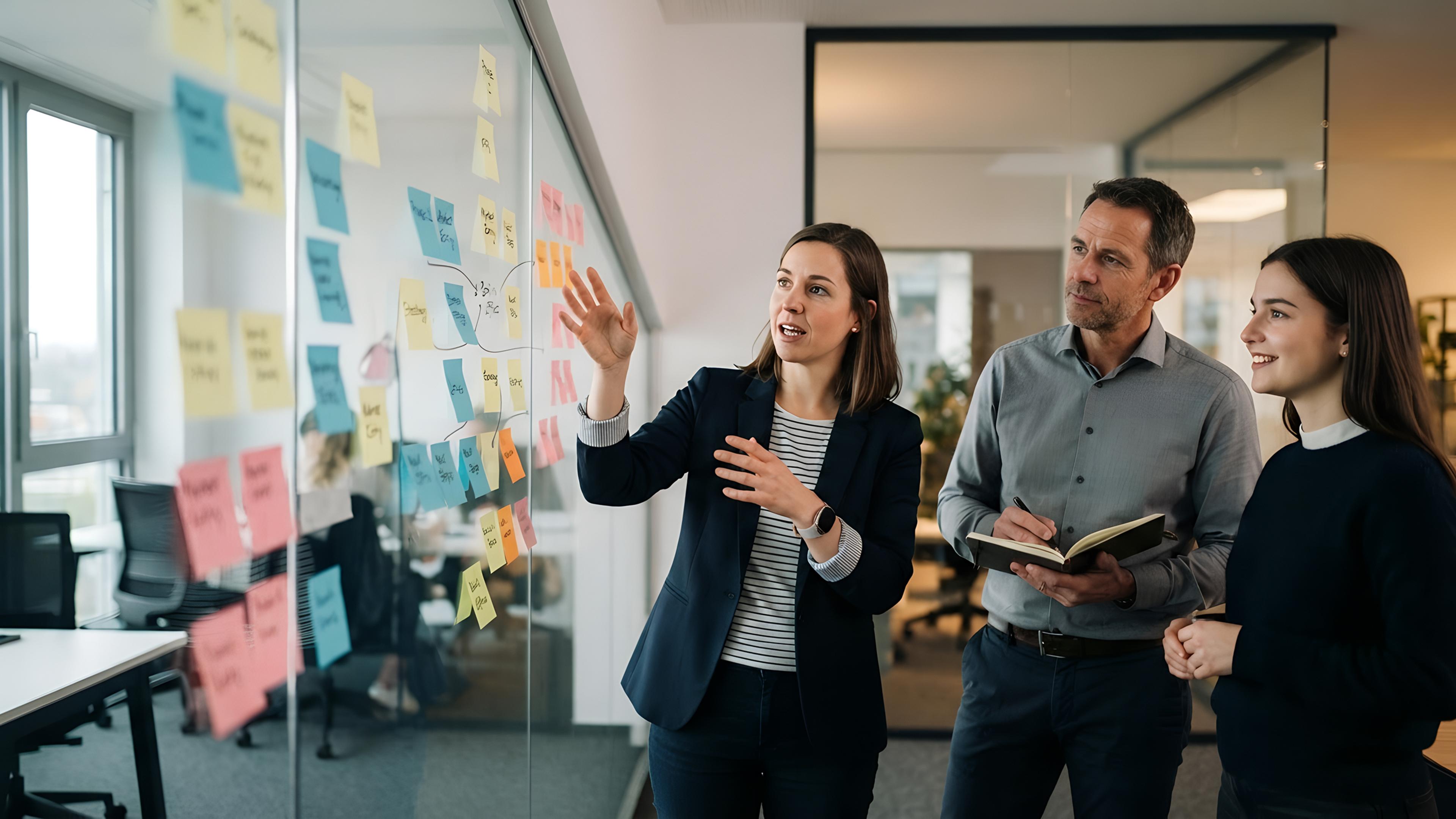 Drei Menschen diskutieren vor einer Glaswand mit vielen bunten Post-its in einem Büro.