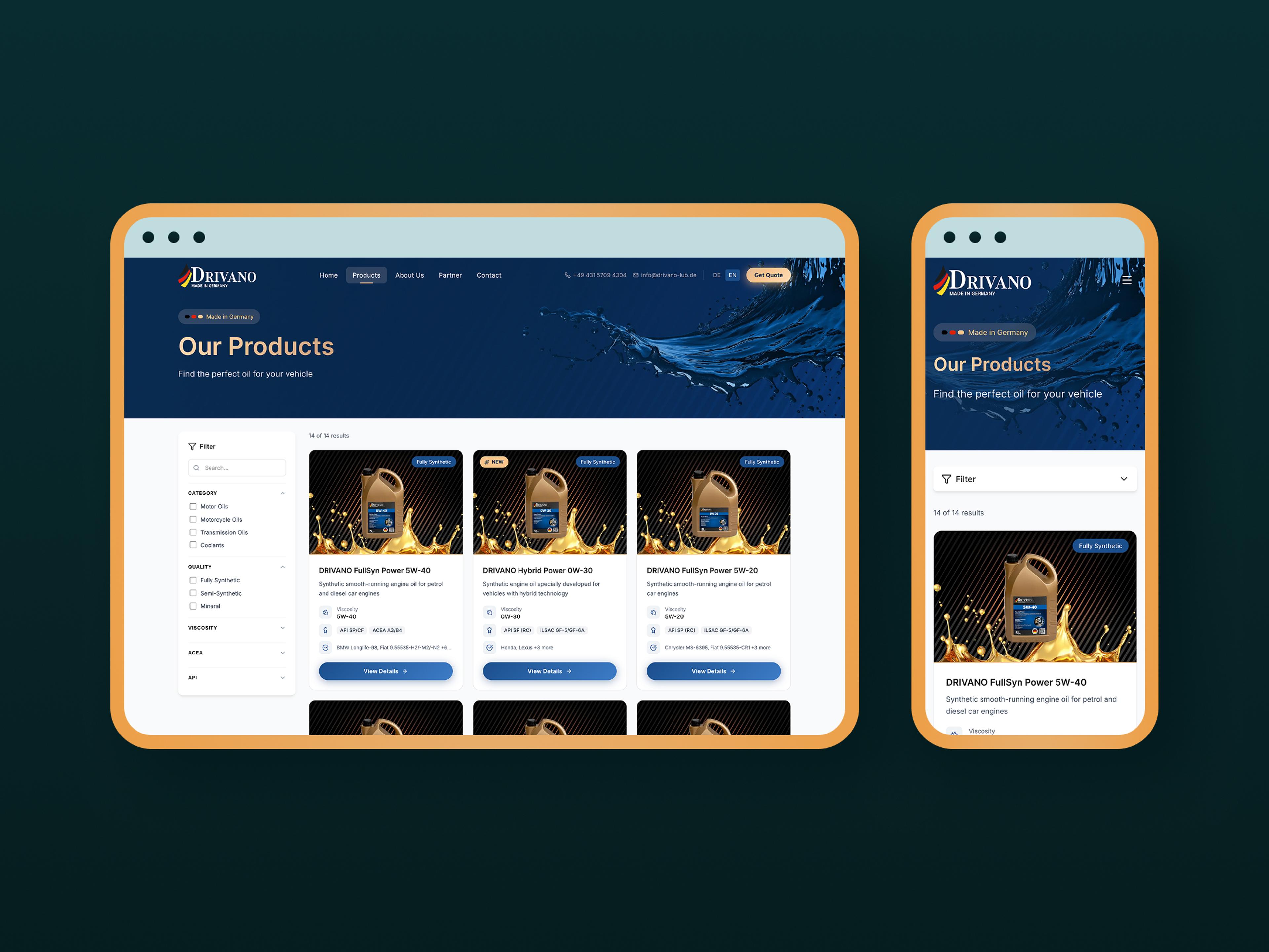 Drivano-Produktseite mit Ölprodukten auf Desktop und Mobilansicht, blaue und weiße Gestaltung.