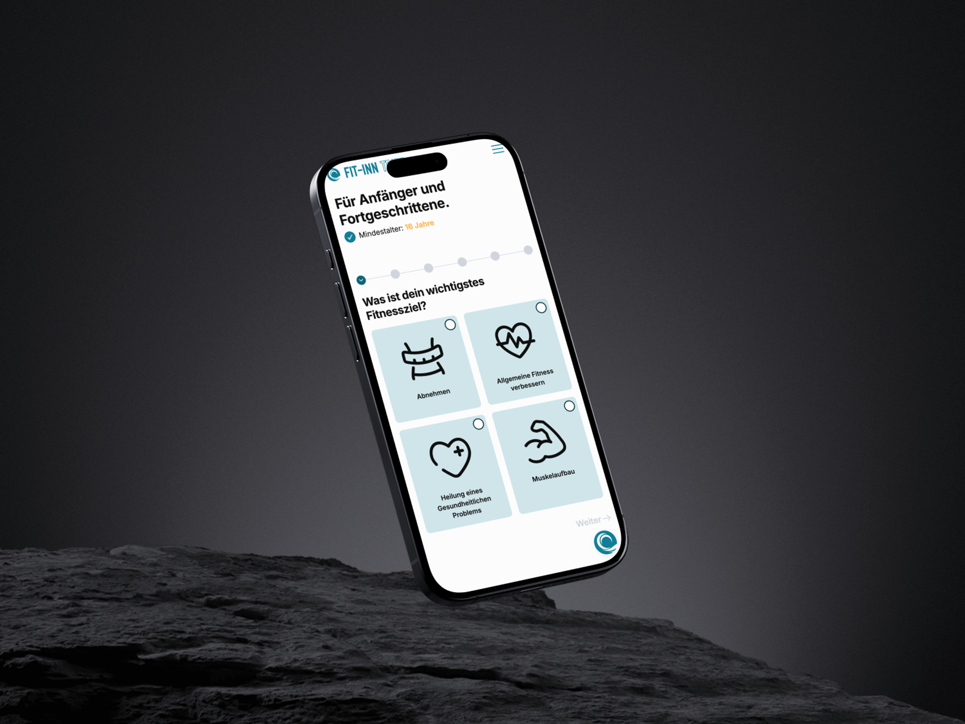 A smartphone shows a fitness app with various fitness goals on a dark background.