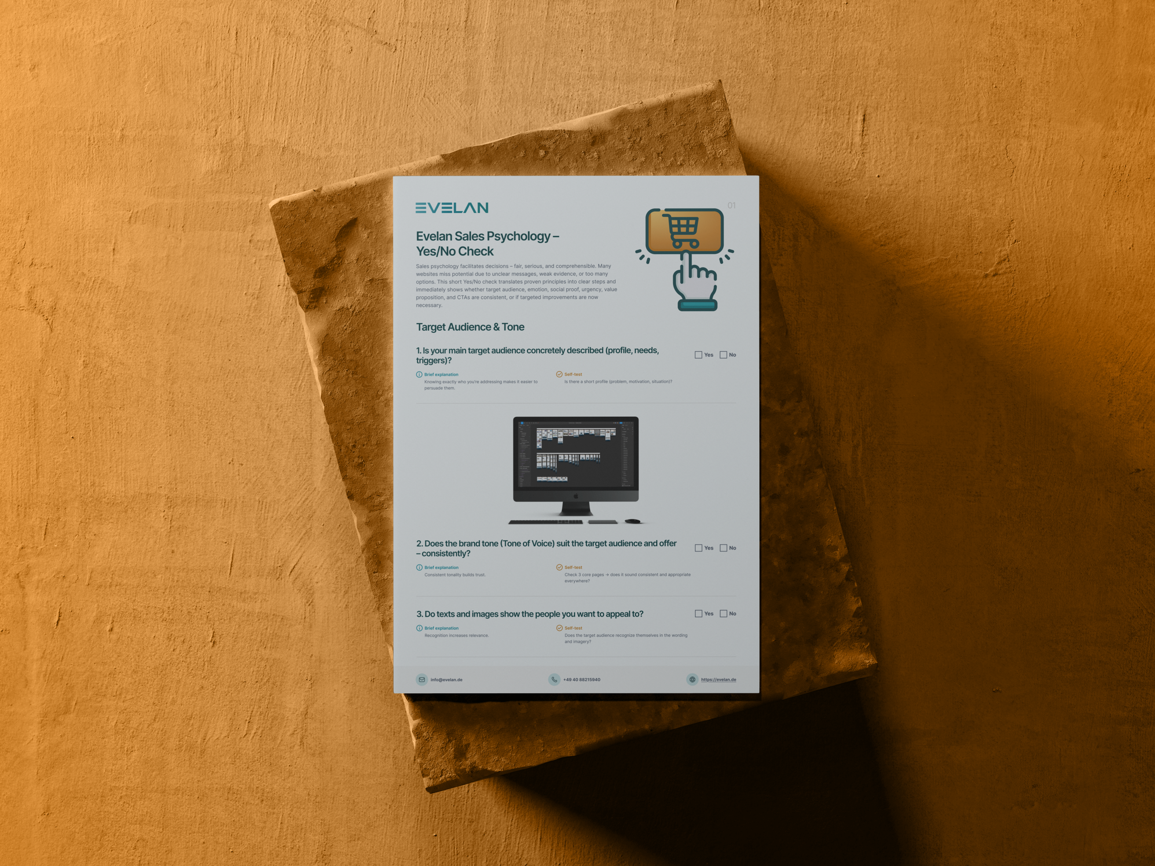 Sales psychology checklist from Evelan on brown textured stone surface.