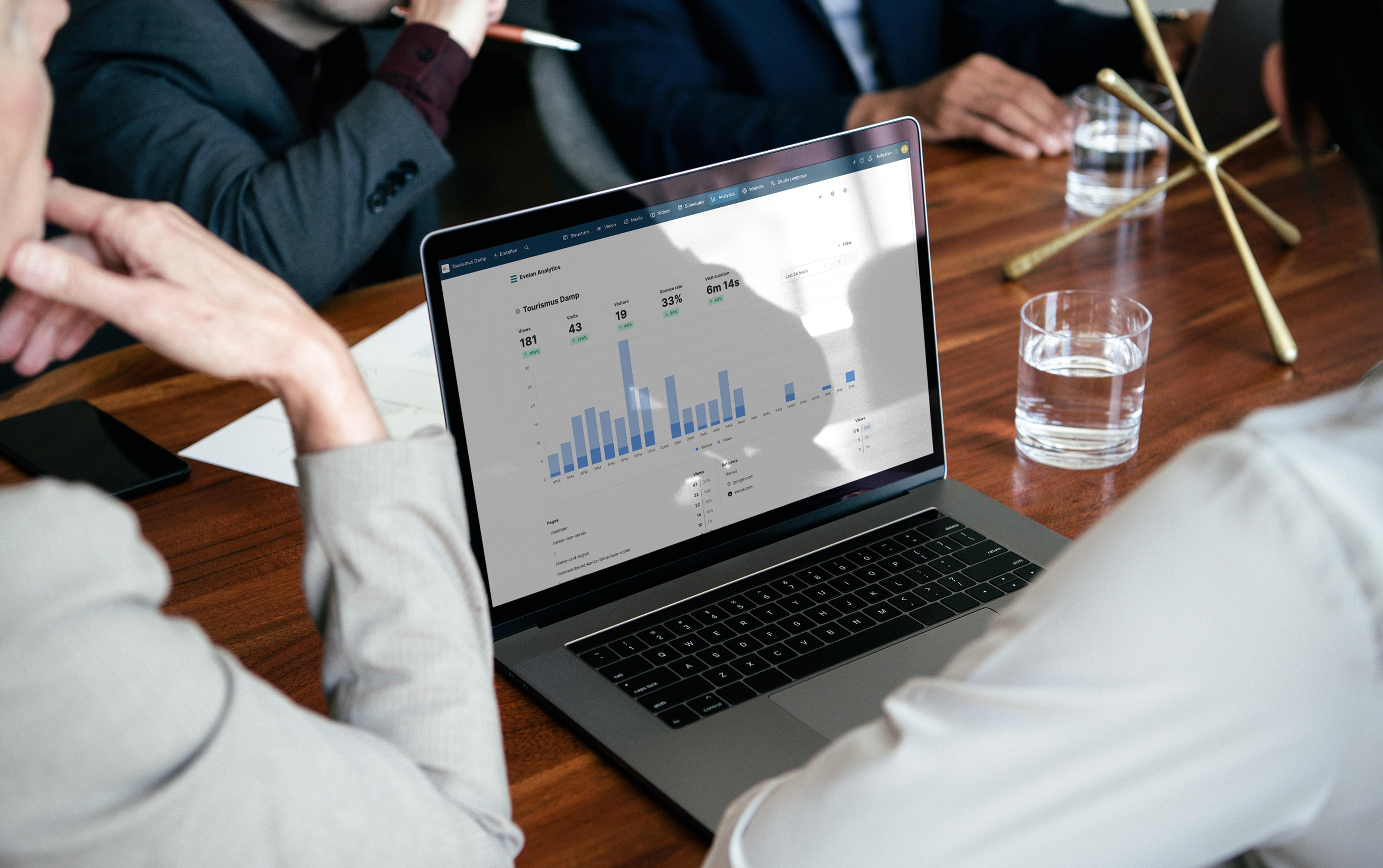 Ein Laptopbildschirm zeigt ein Analytics-Dashboard mit blauem Balkendiagramm; mehrere Personen sitzen um einen Holztisch mit Wassergläsern, Notizblock, Stift und Smartphone.