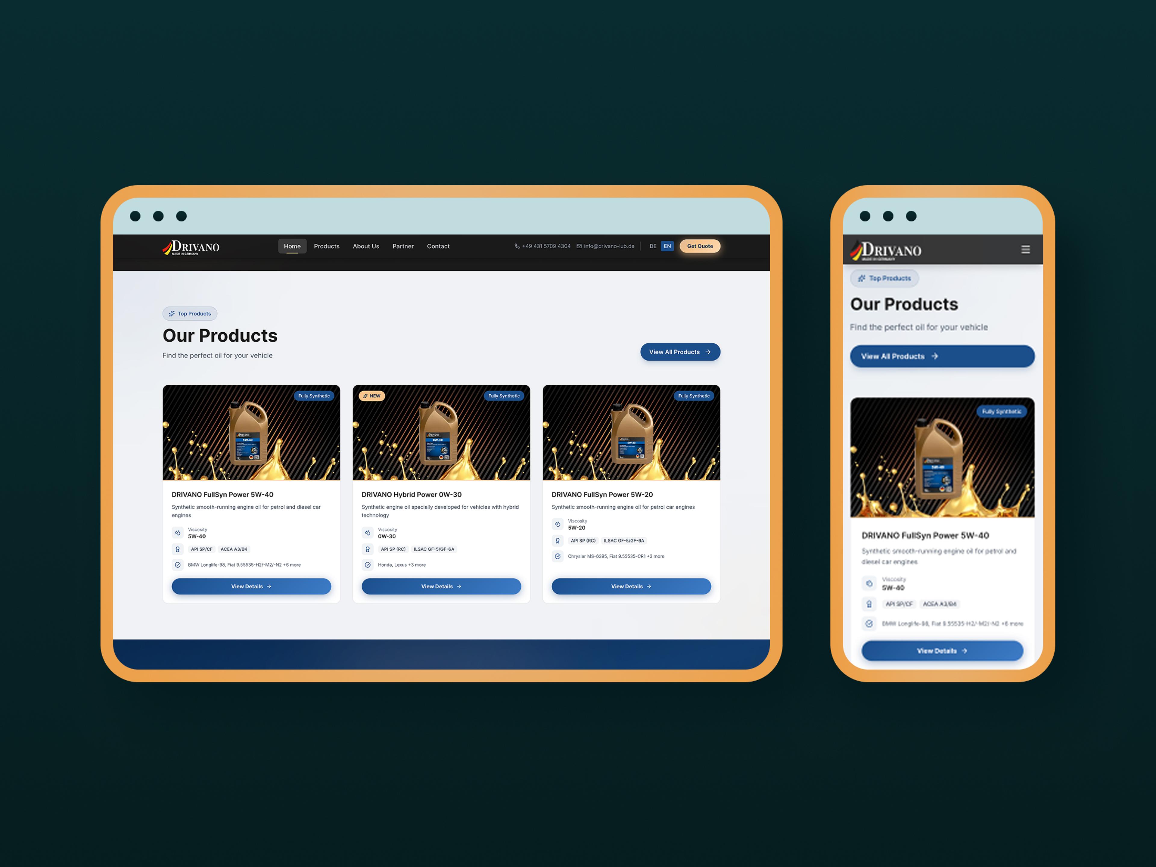 Tablet und Smartphone mit Responsive Design einer Webseite für synthetische Motoröle, Produktübersicht und Details sichtbar.