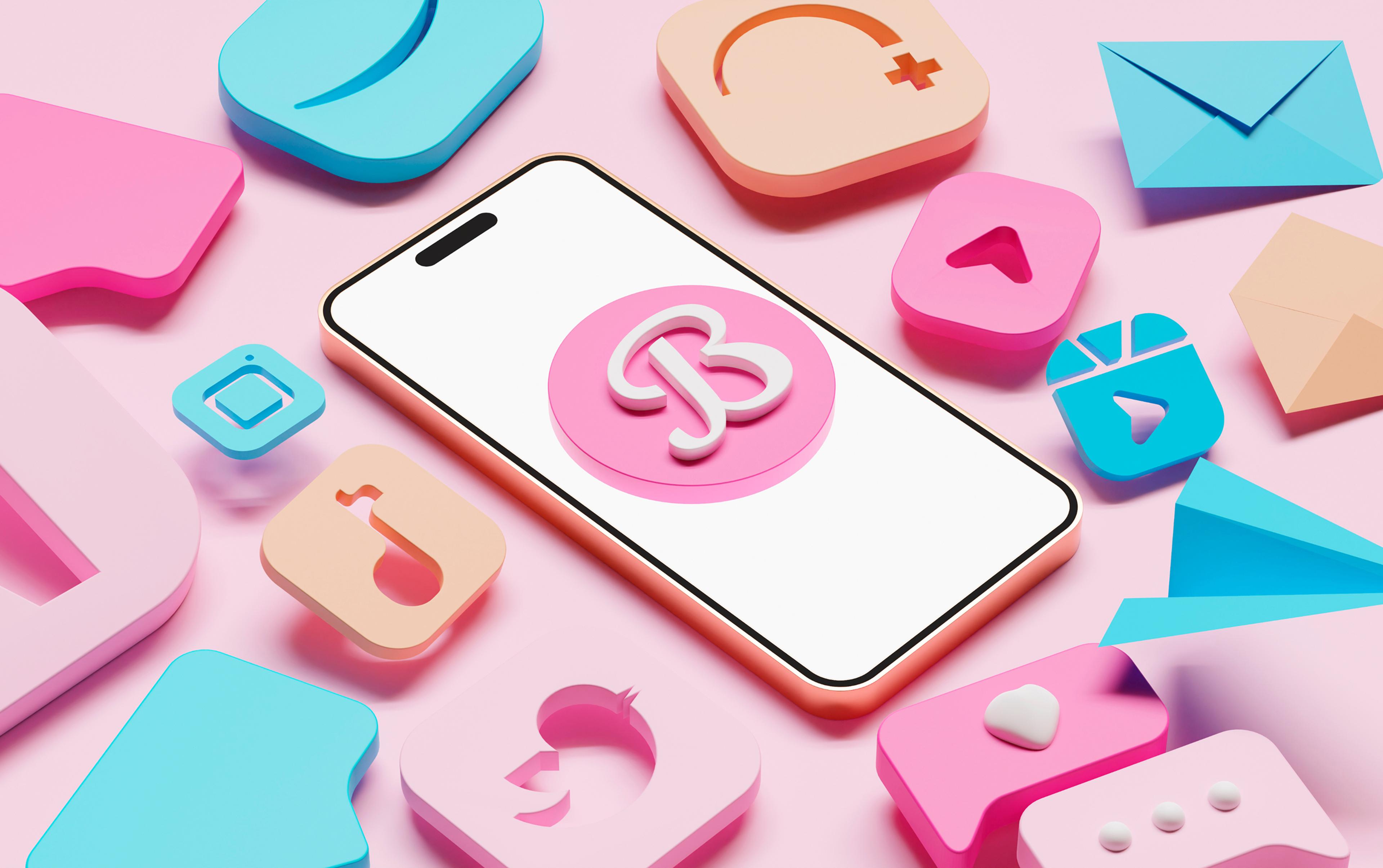 Smartphone mit bunten 3D-Social-Media-Icons auf rosa Hintergrund, inkl. Flugzeug und Briefumschlag.