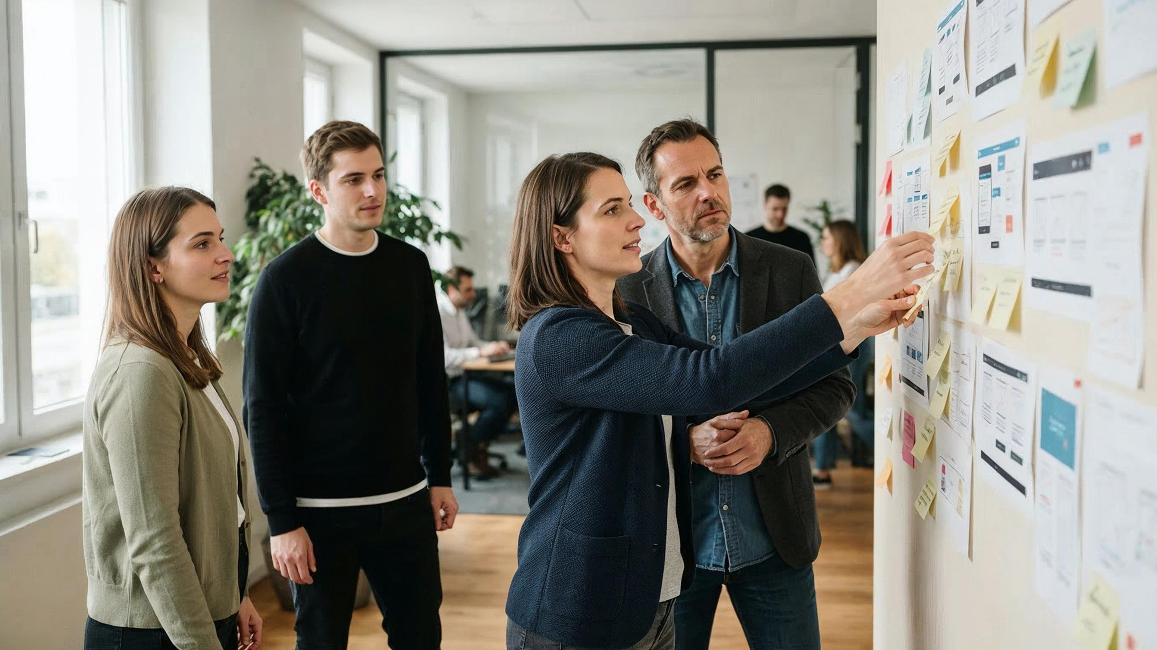 Vier Personen diskutieren und platzieren Notizen an einer Wand in einem Büro.