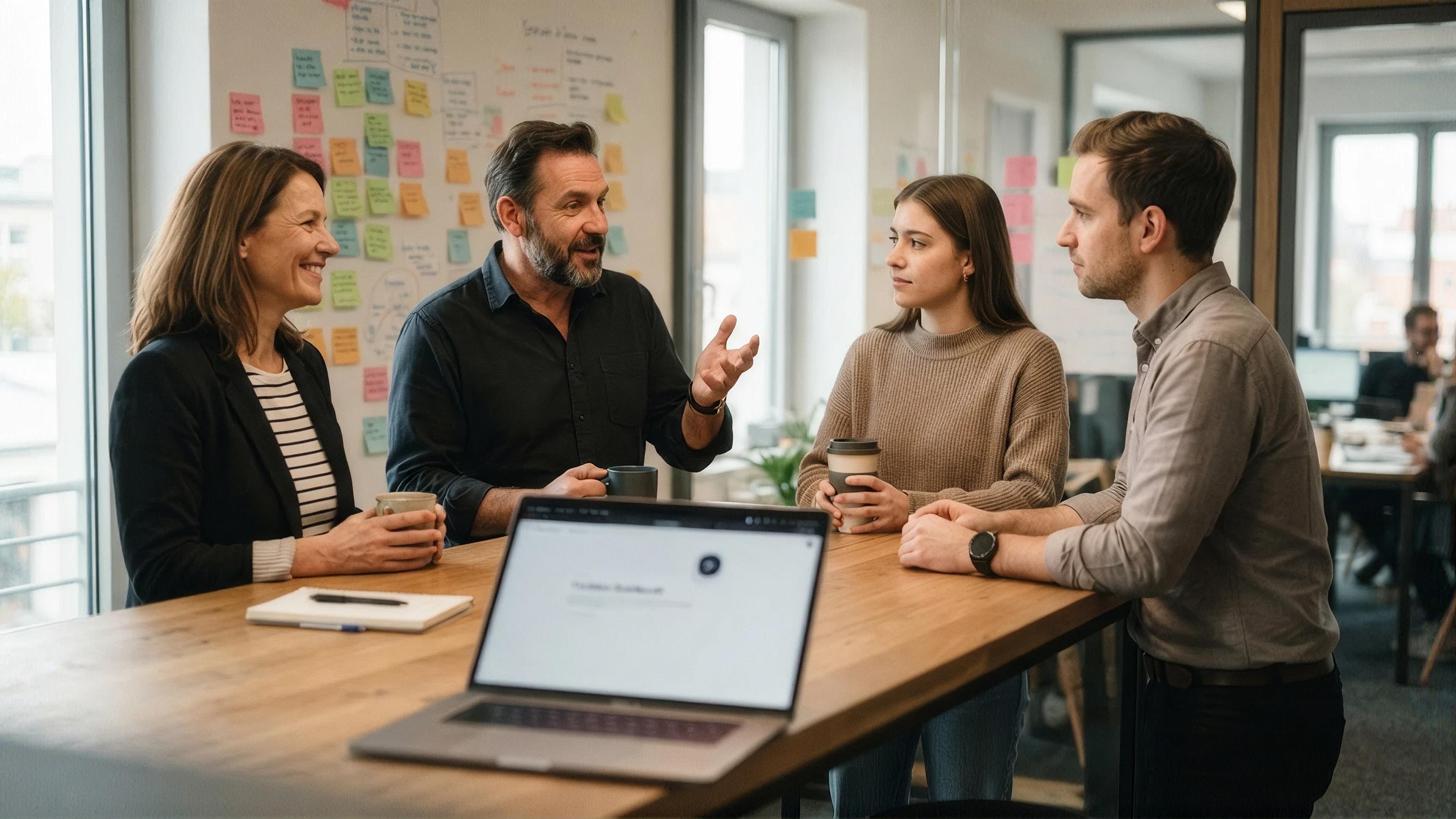 Group of people discussing ideas at a table in the office with sticky notes on the wall
