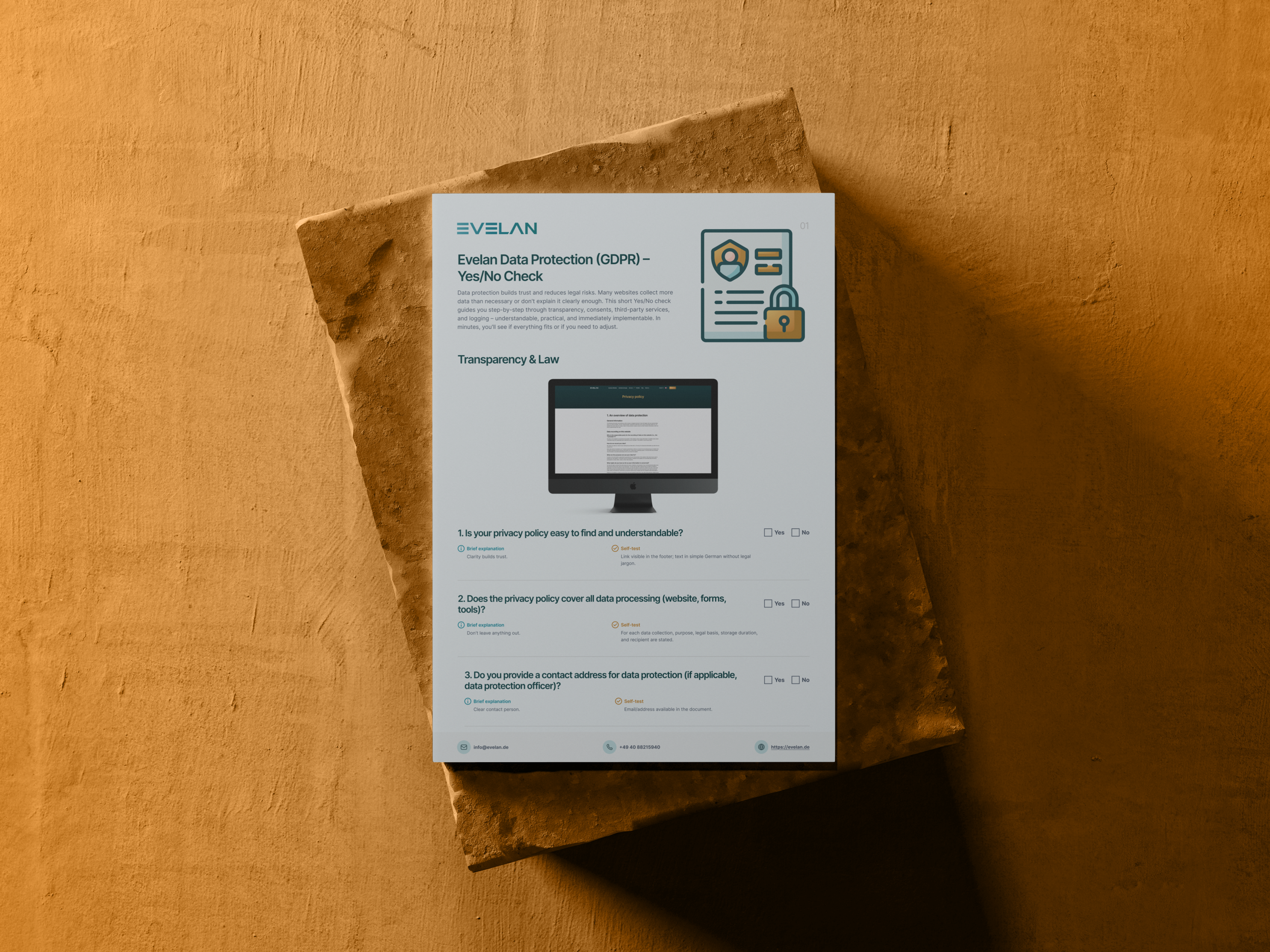 GDPR compliance checklist paper on a wooden surface, featuring questions about data protection and privacy policies.