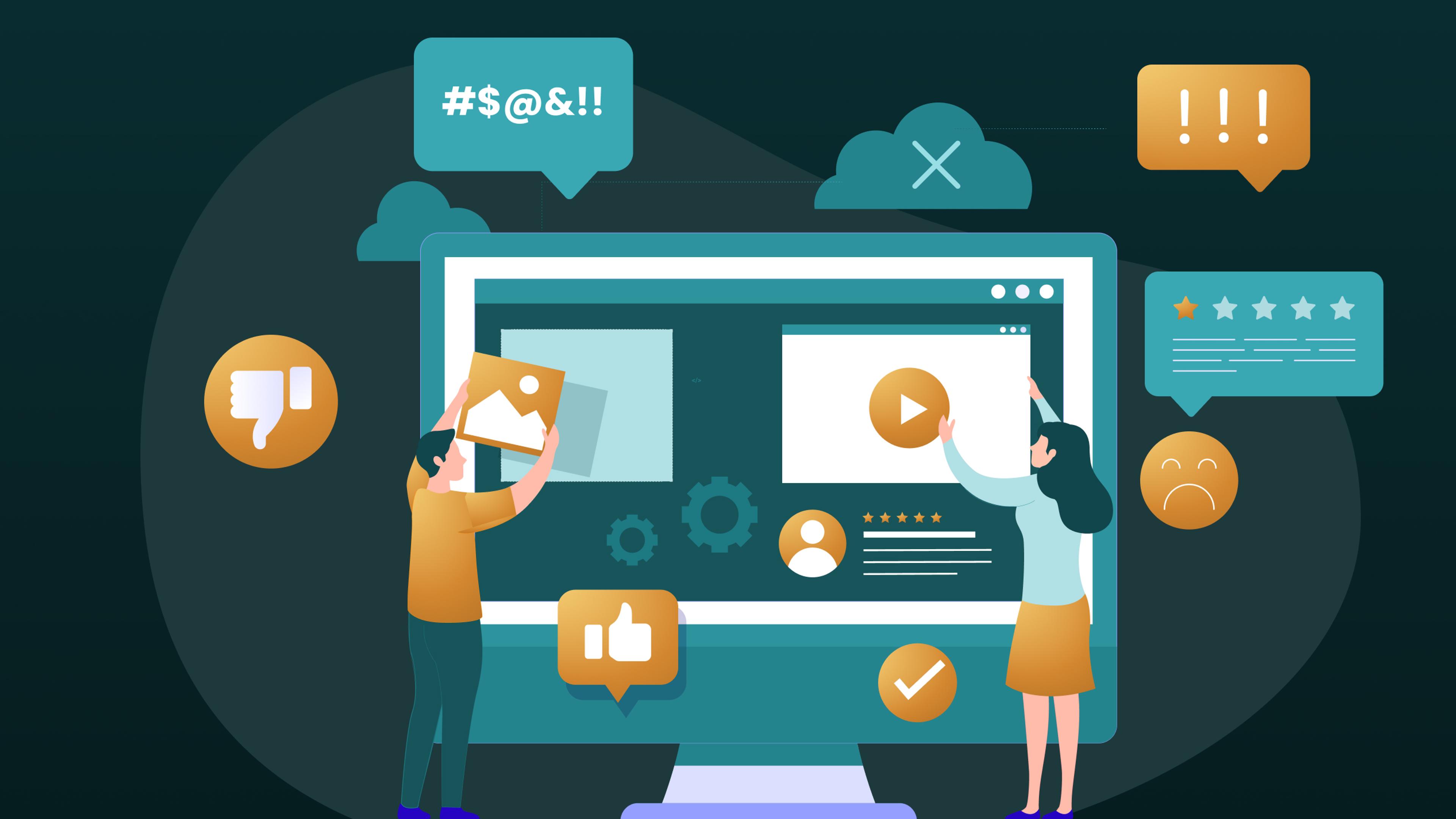Illustration von zwei Personen, die ein Website-Layout mit Daumen runter, Sternbewertungen und Feedback-Sprechblasen bewerten.