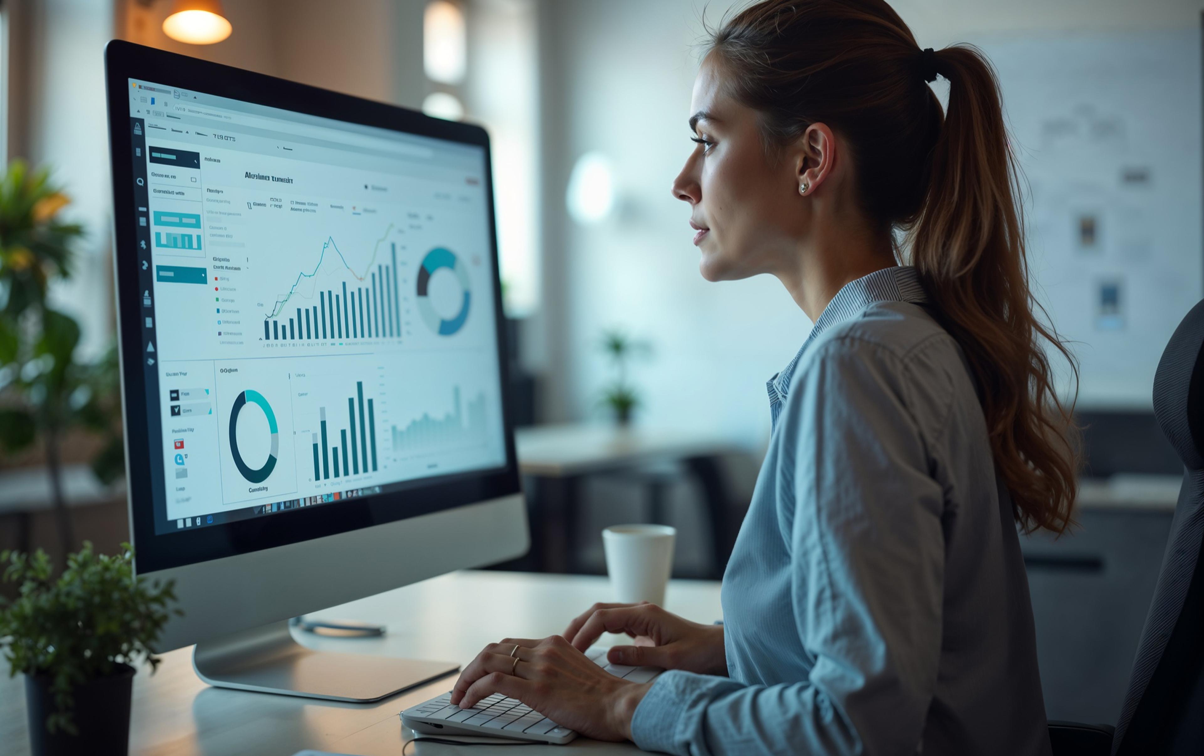 En kvinne sitter ved skrivebordet sitt og ser på en skjerm med søyle-, linje- og kakediagrammer på et analyseinstrumentbord.