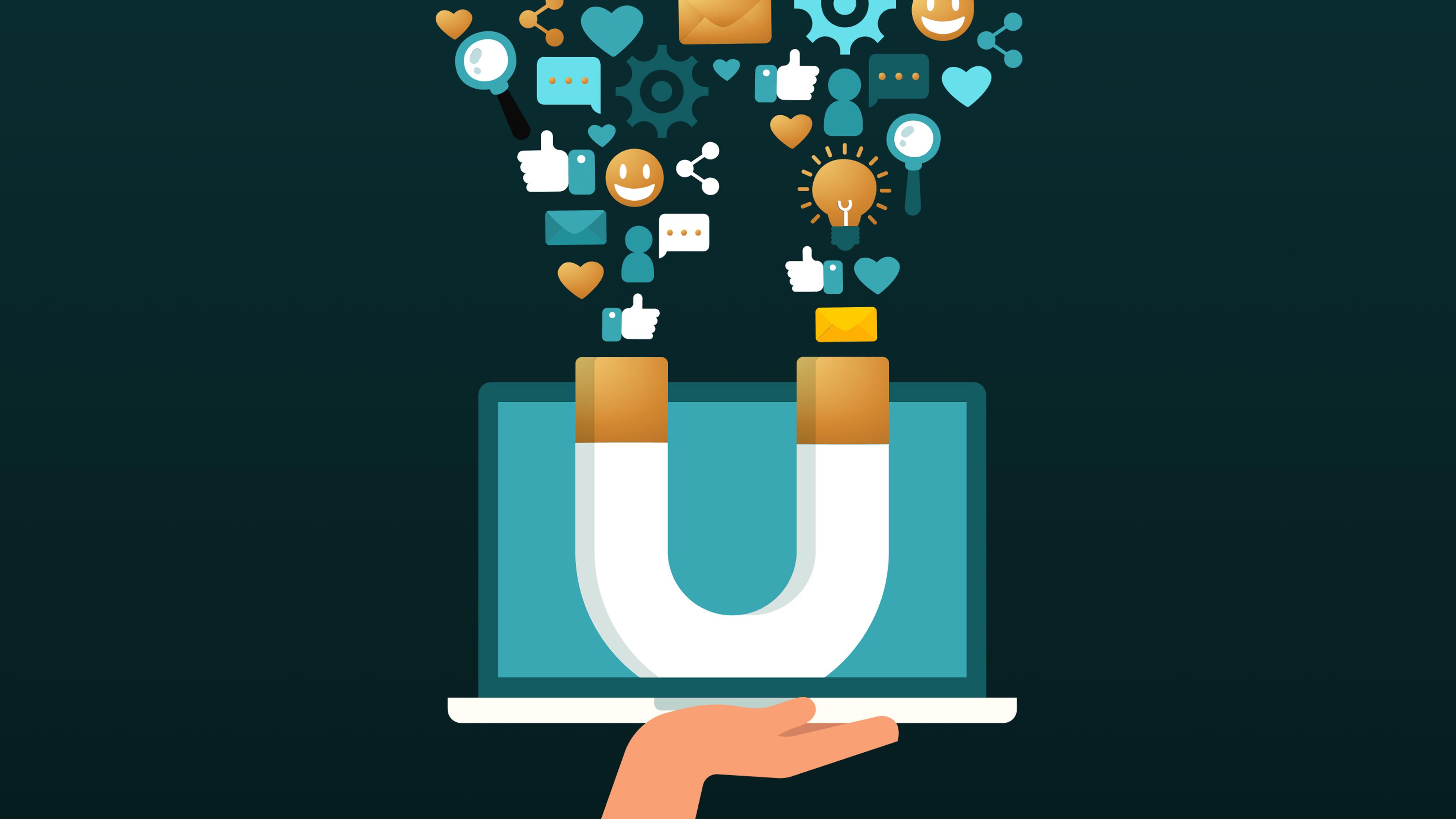 Hand hält Laptop mit Magnet, der Social Media-Symbole anzieht, auf blauem Hintergrund.