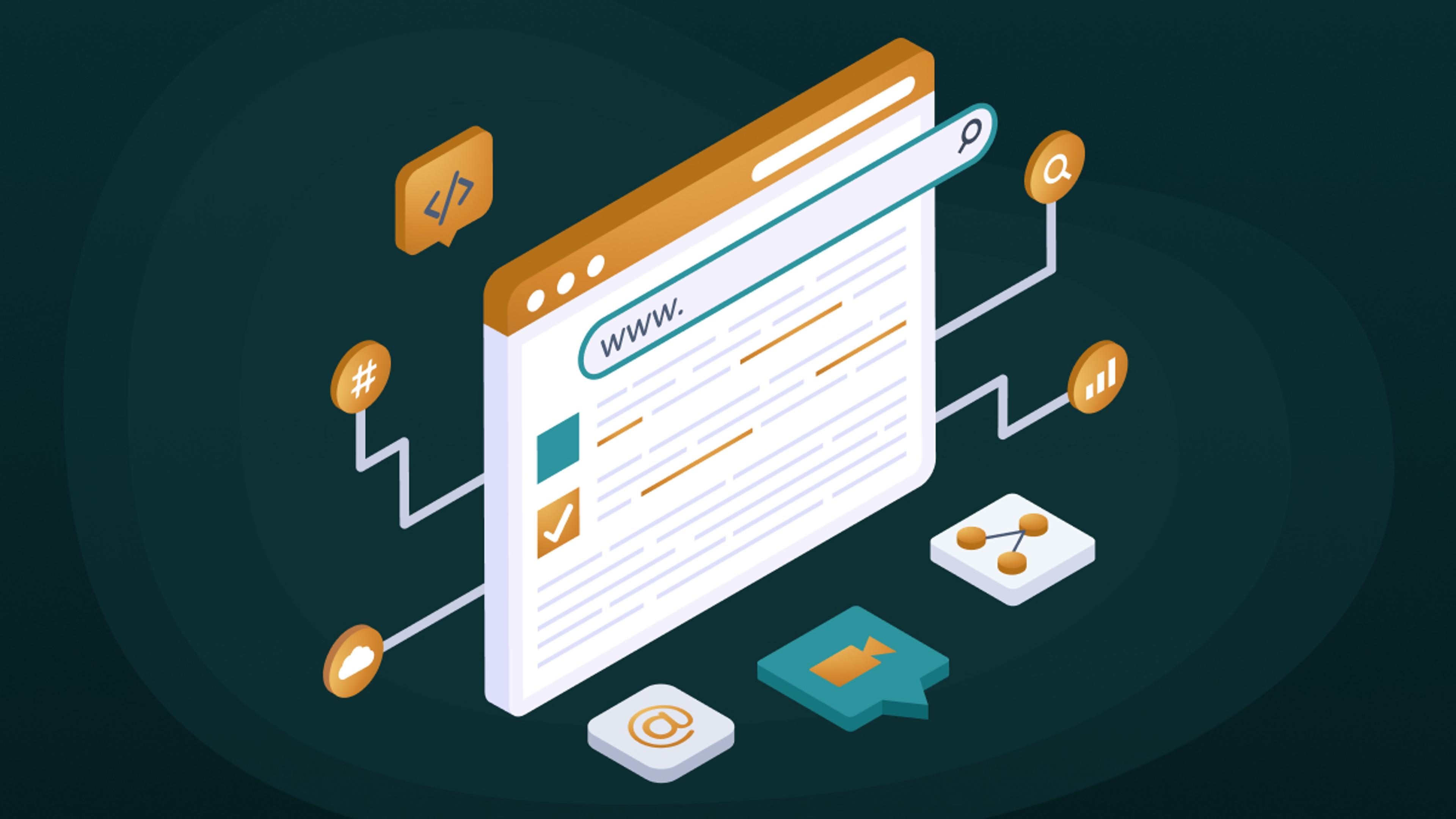 Eine 3D-Illustration eines geöffneten Browserfensters mit 'www.' in der Adresszeile, umgeben von Symbolen für Suchmaschinenoptimierung, Cloud, Code, Hashtag, E-Mail, Video, Teilen, Suche und Datenanalyse