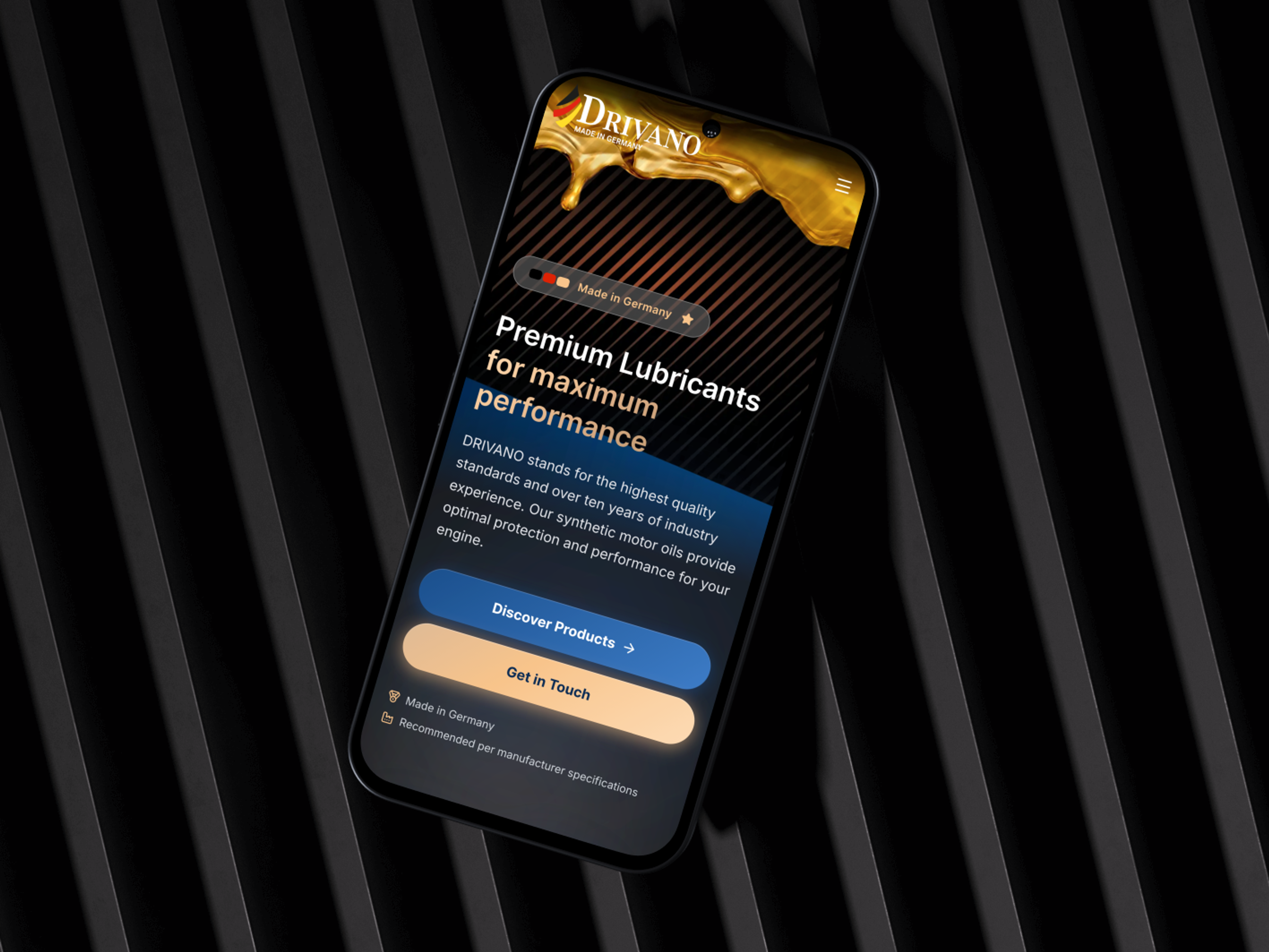 Smartphone mit Webseite für Premium-Schmierstoffe, dunkler Hintergrund