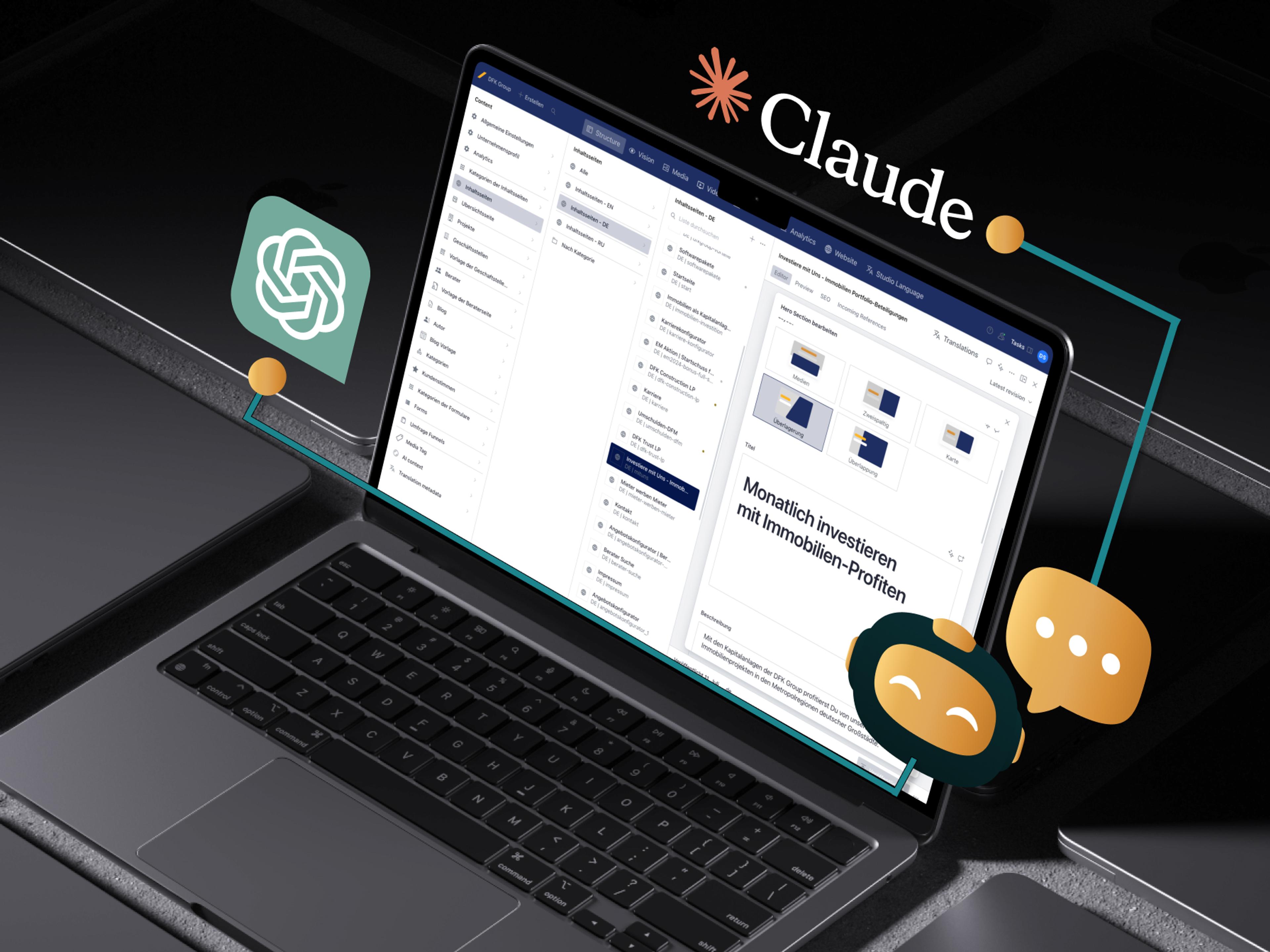 Ноутбук на столе с открытым программным обеспечением для цифрового маркетинга, окруженный значками.