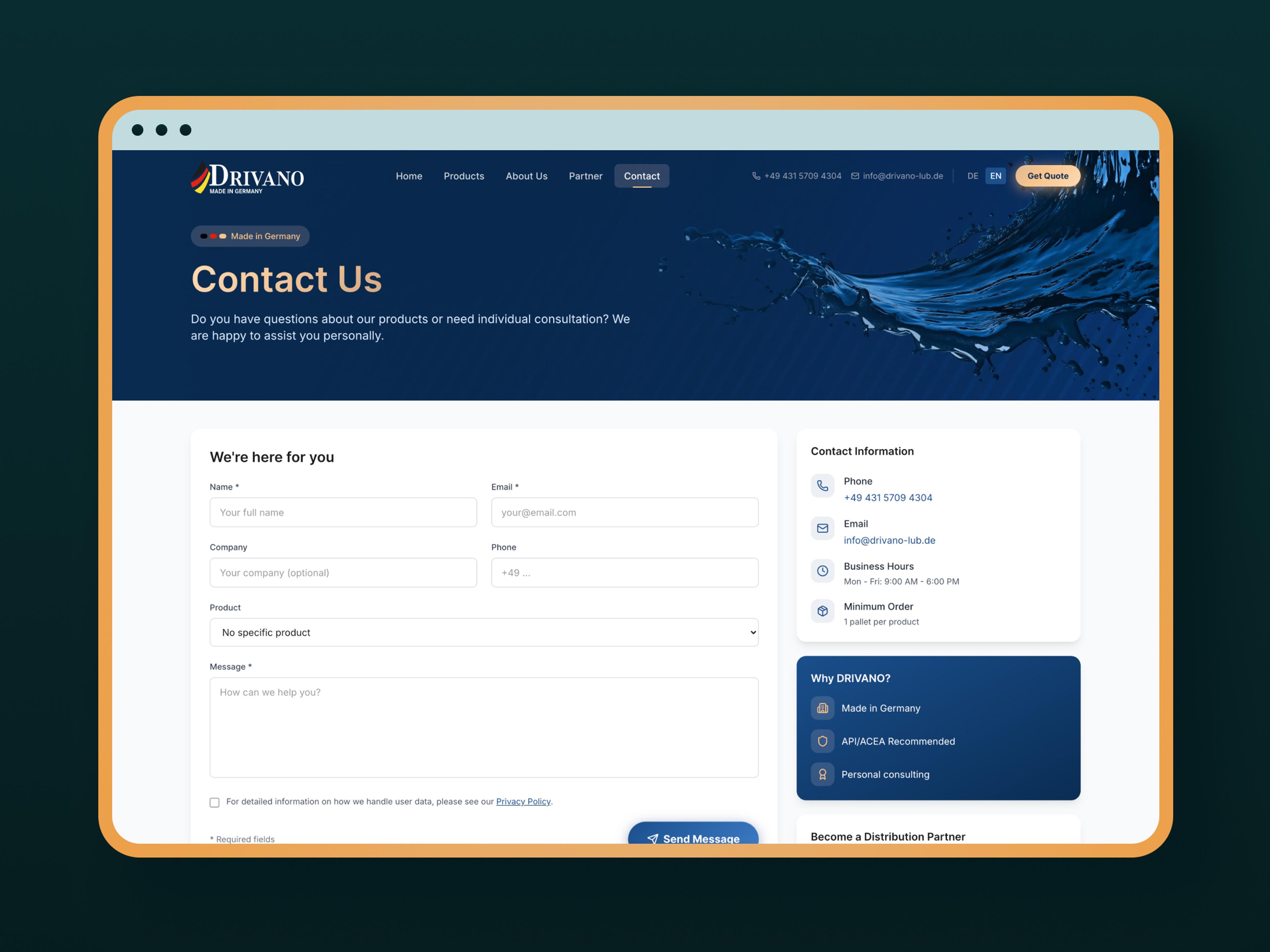 Kontaktseite von Drivano mit Formular und Wasserwelle im blauen Design