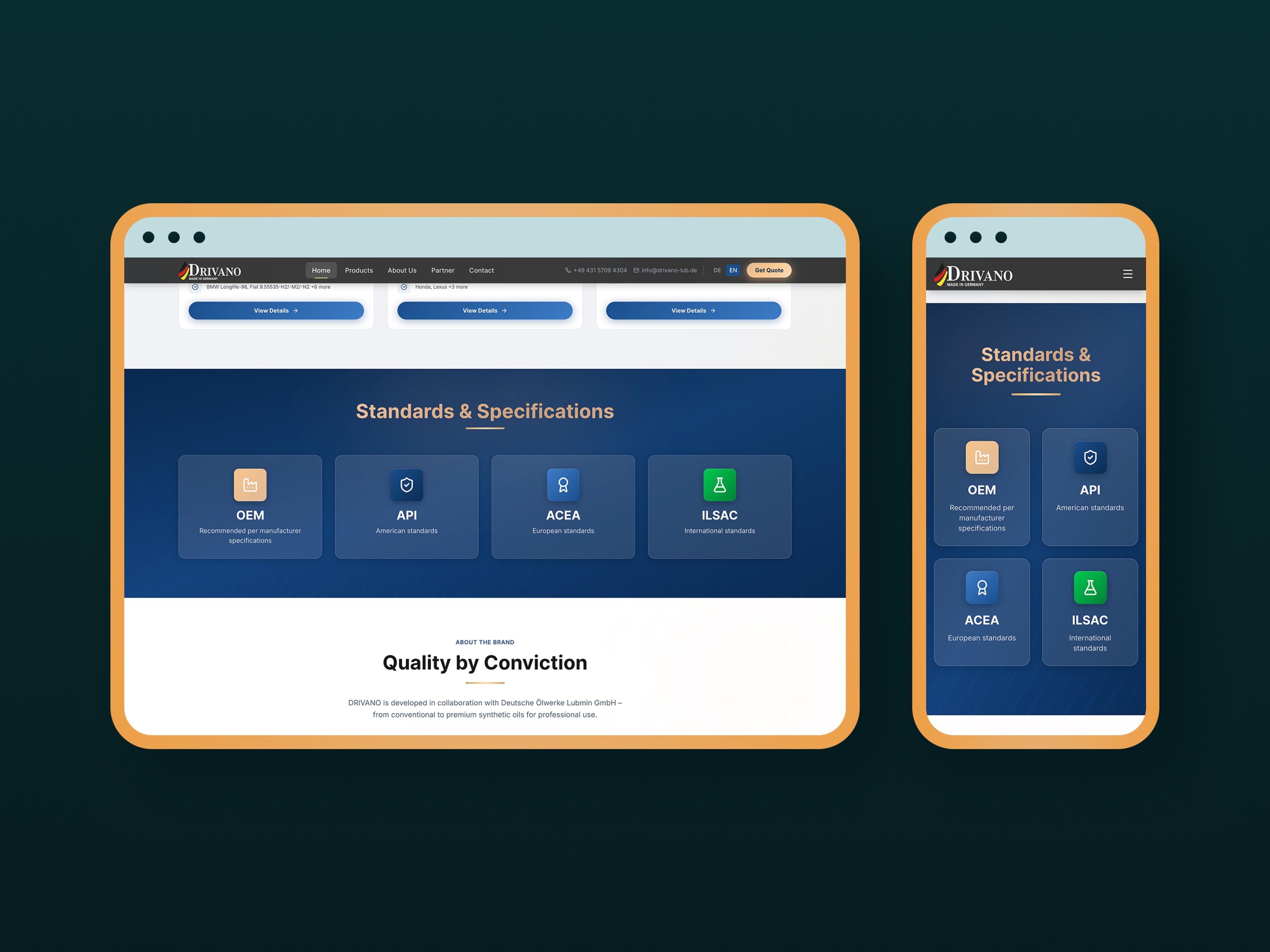 Laptop- und Handybildschirm mit Website über Standards und Spezifikationen, blaue und orange Elemente