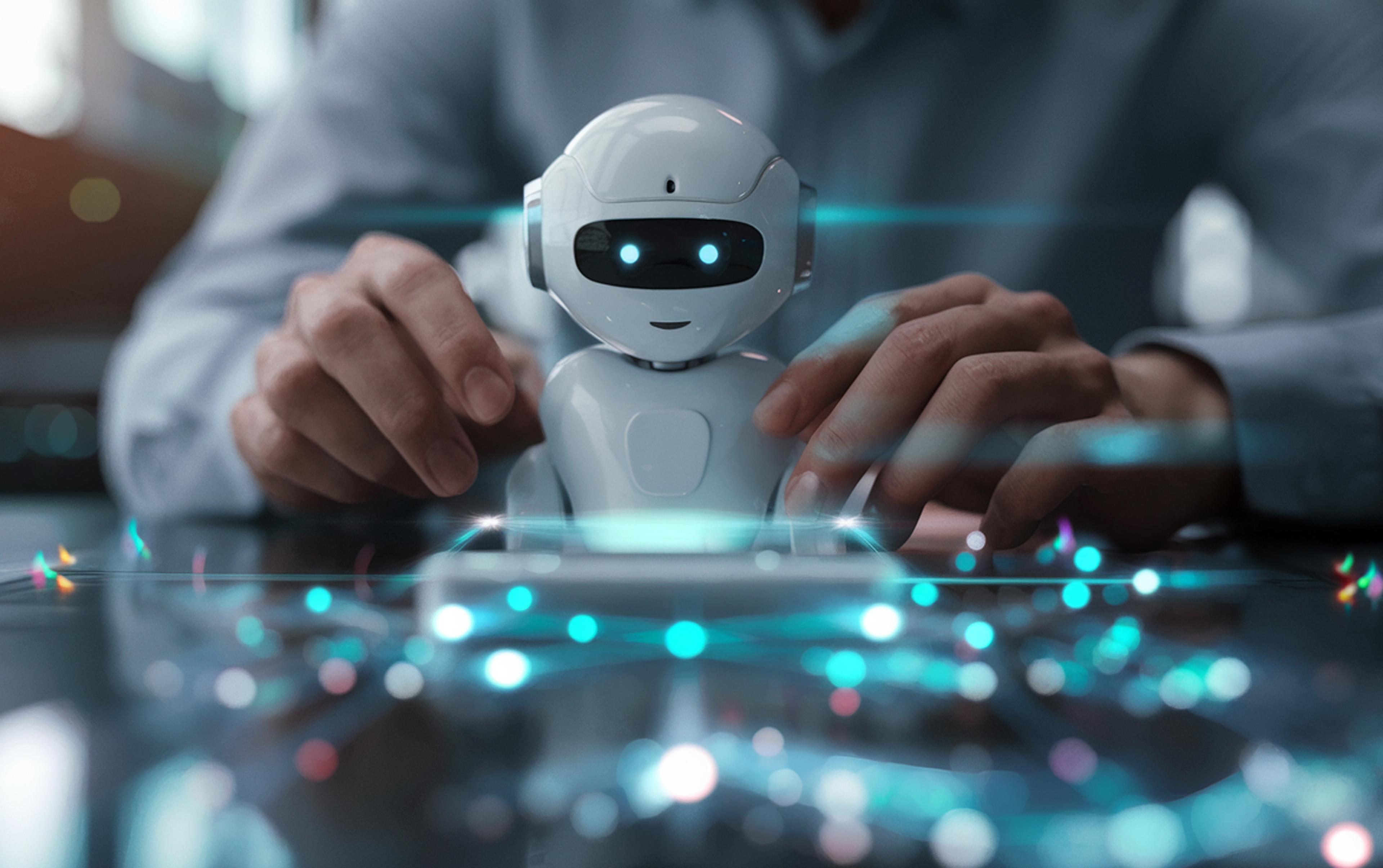 Kleiner Roboter auf Tisch, gehalten von Händen, mit Lichteffekten.