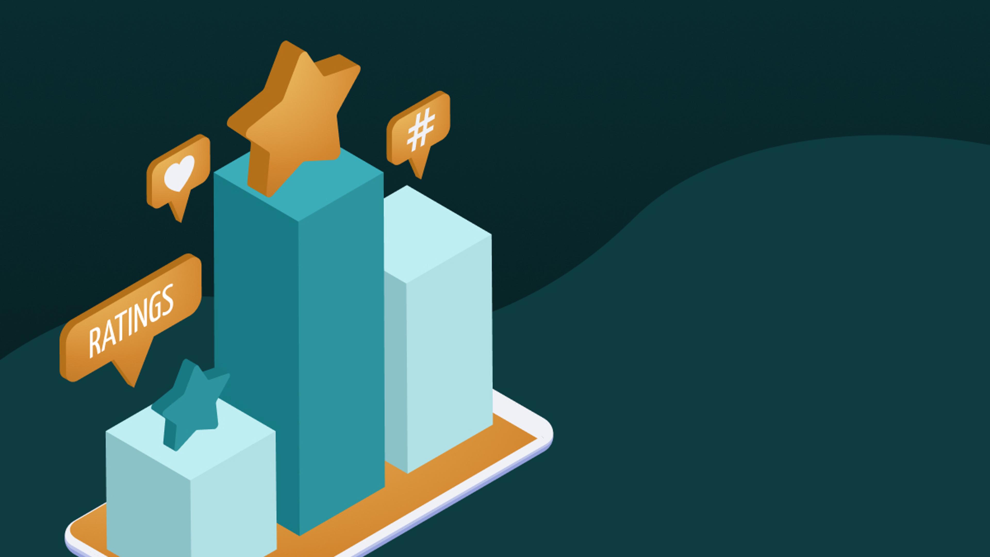 Ein 3D-Balkendiagramm auf einem Smartphone-Bildschirm mit Stern-, Herz- und Hashtag-Symbolen