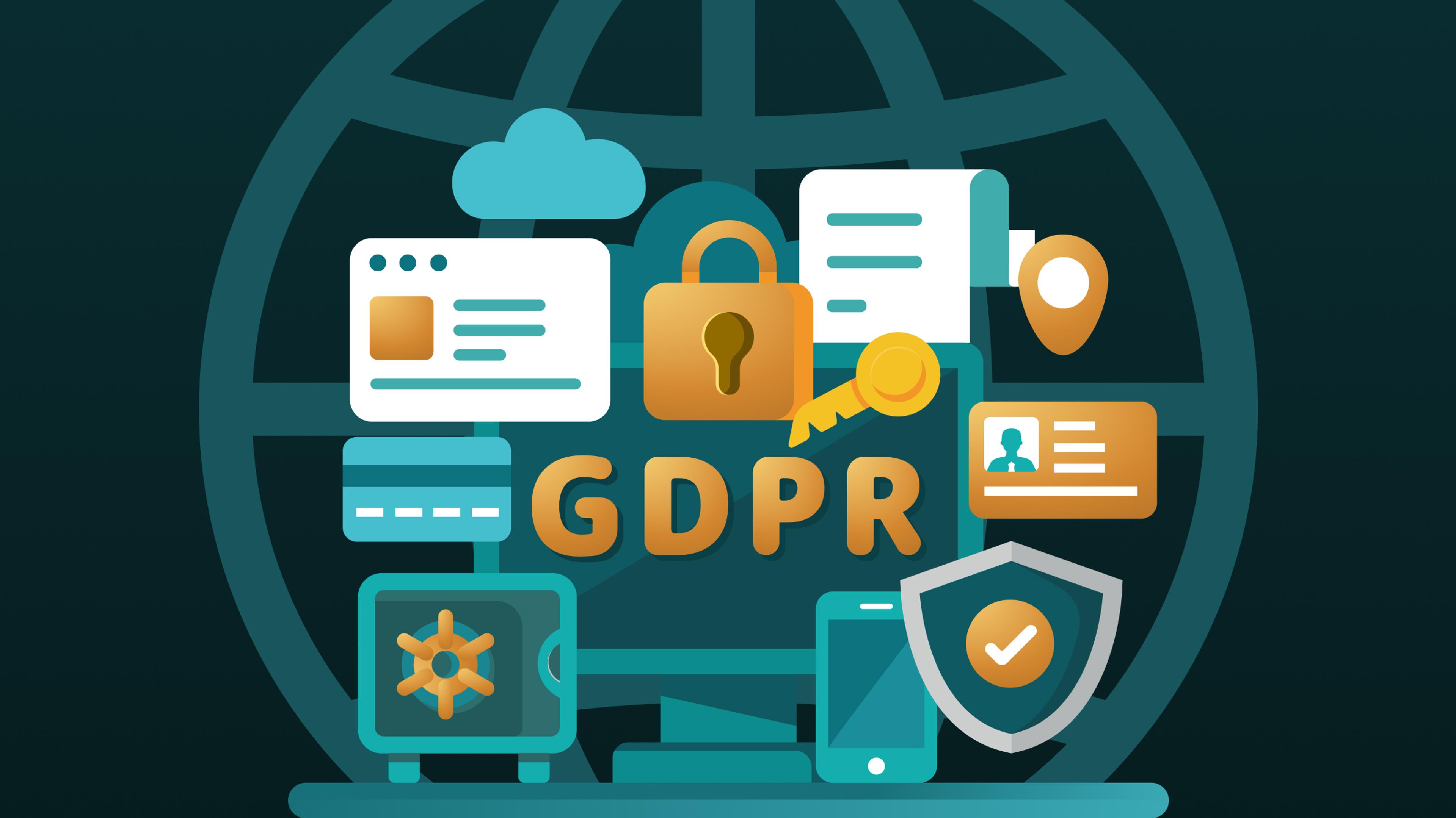 Графика показывает концепцию GDPR с замком, ключом, щитом и цифровыми символами.