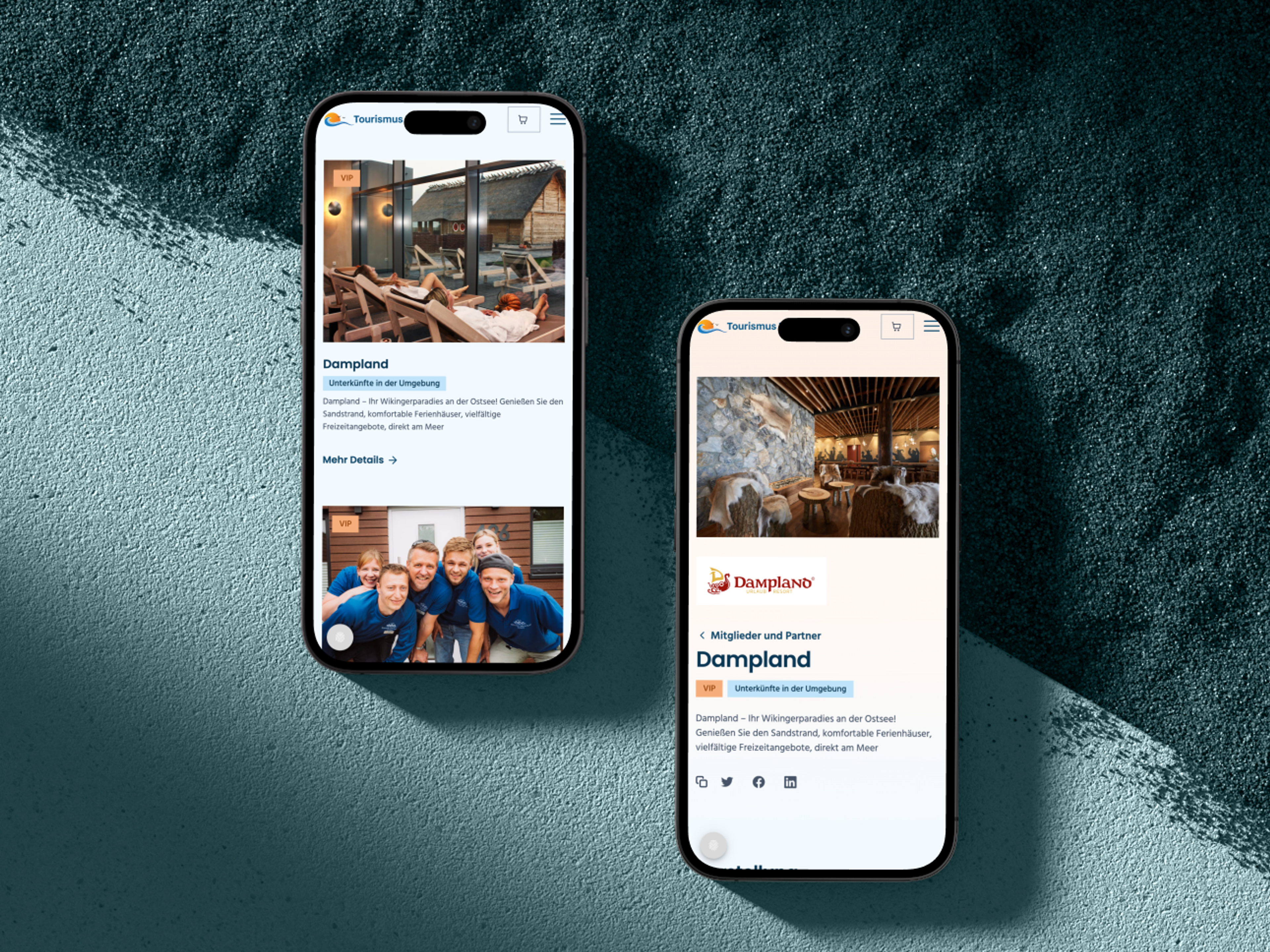 Two smartphones show the Damp Tourism website with pictures of vacation homes and a team in blue shirts.