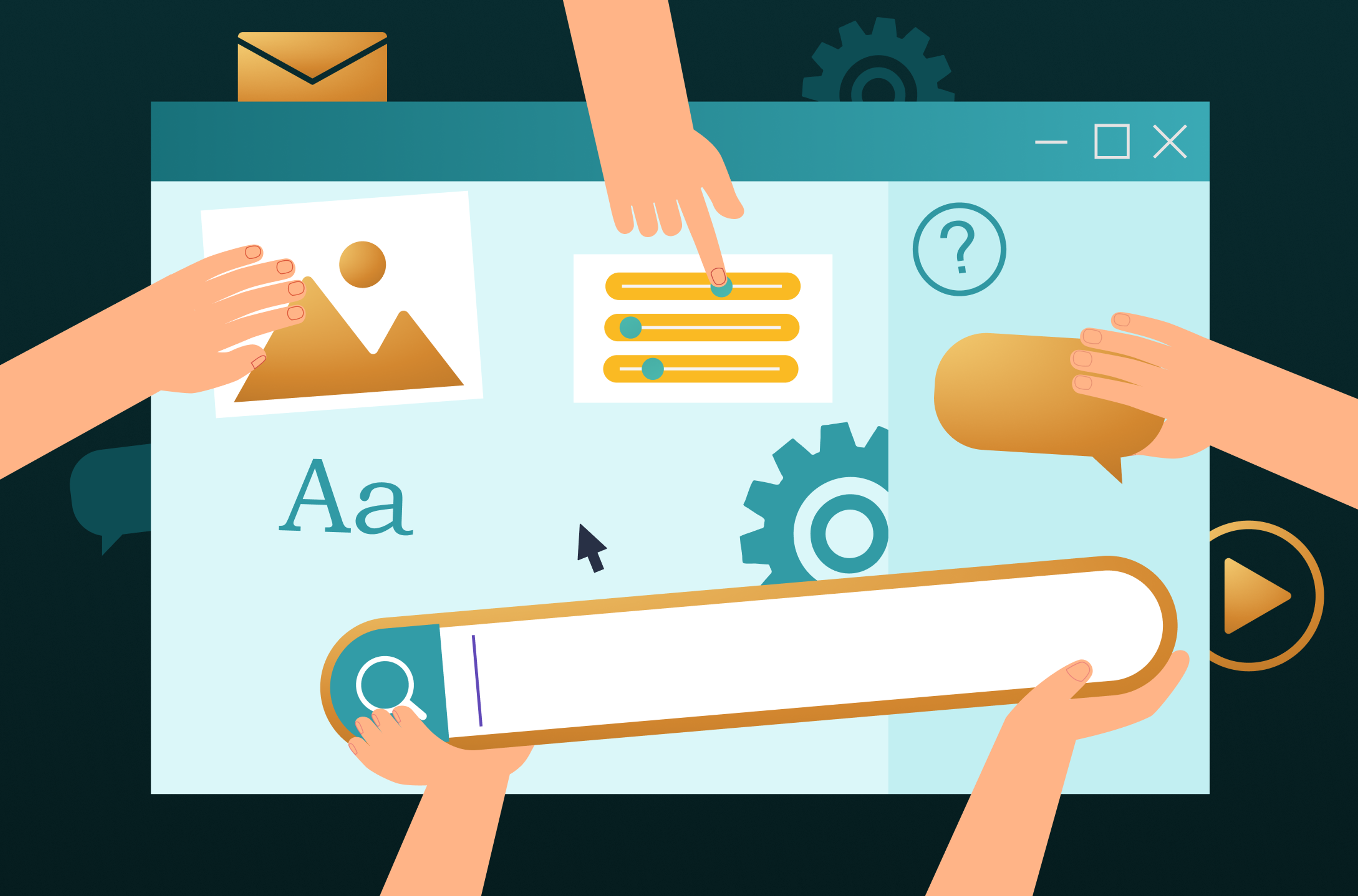 Eine Illustration mit mehreren Händen, die eine geöffnete Benutzeroberfläche bearbeiten: eine große Suchleiste, eine Bildvorschau, Schieberegler, eine Sprechblase und Zahnradsymbole.