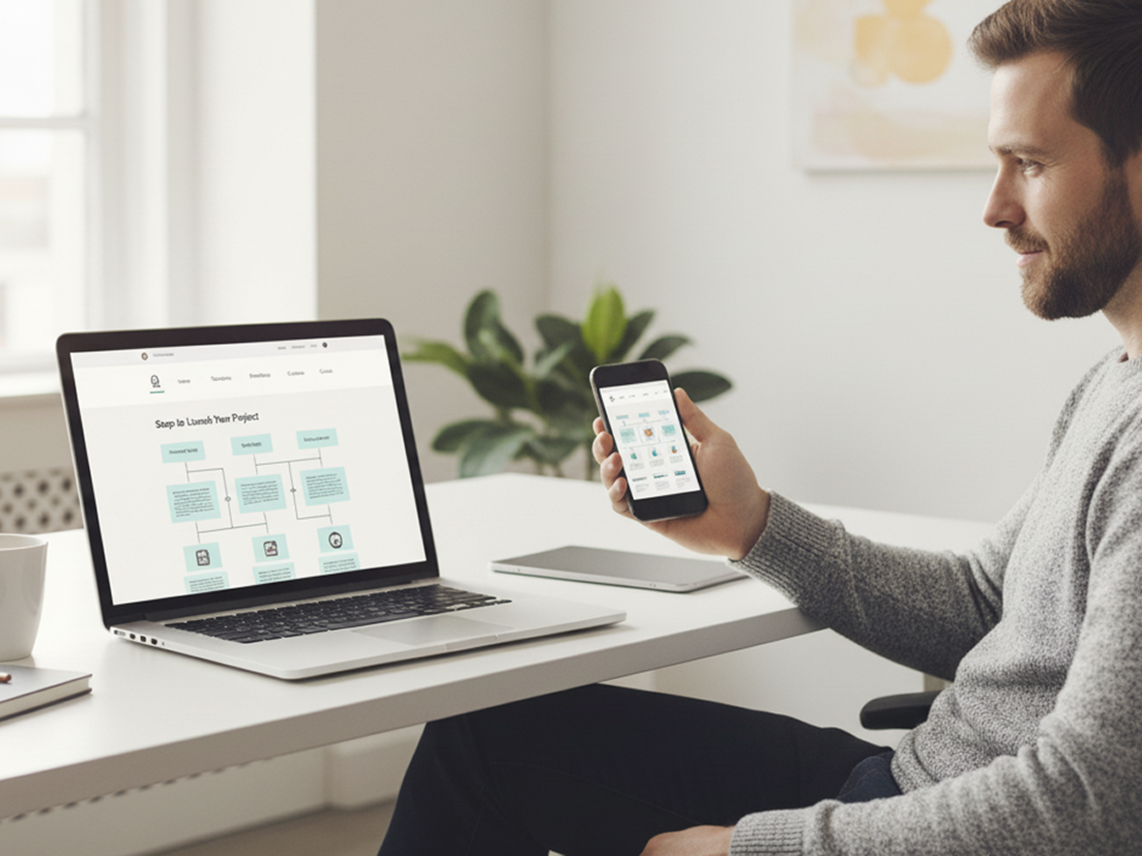 Ein Mann sitzt an einem weißen Schreibtisch und hält ein Smartphone, während der geöffnete Laptop neben ihm ein farbiges Projektablaufdiagramm zeigt