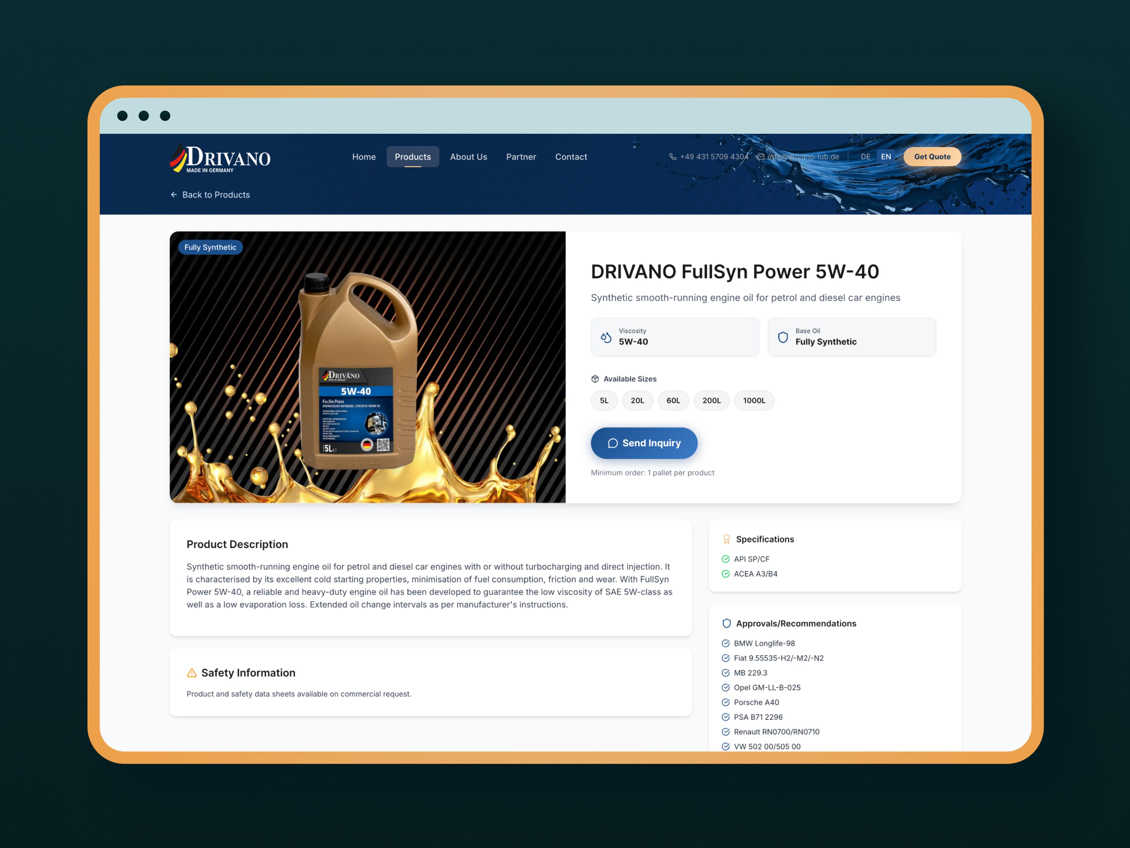 Produktseite für Drivano Motoröl 5W-40, goldener Ölrand, Details sichtbar.