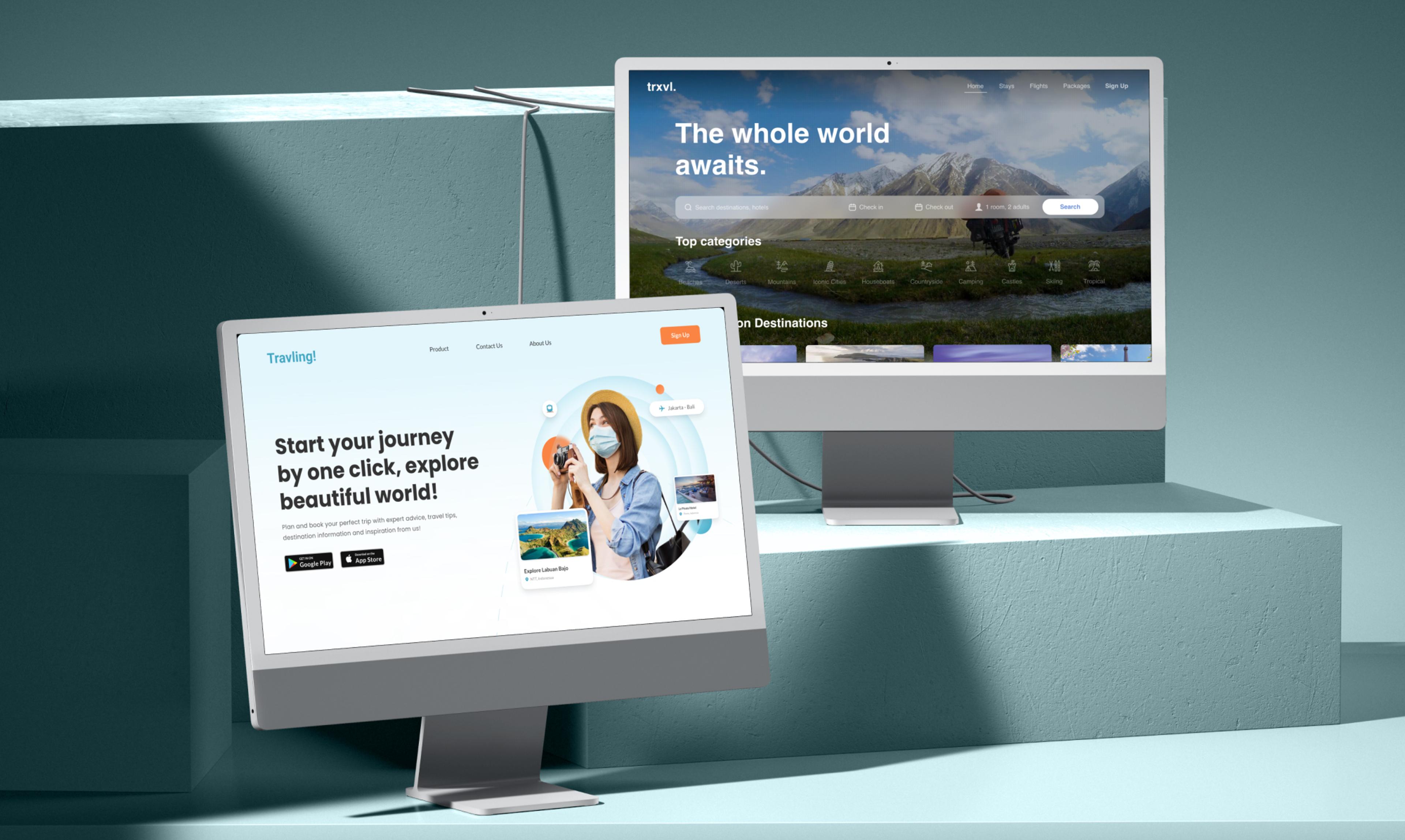 Два монитора с разными сайтами о путешествиях; женщина с фотоаппаратом, на заднем плане — горы