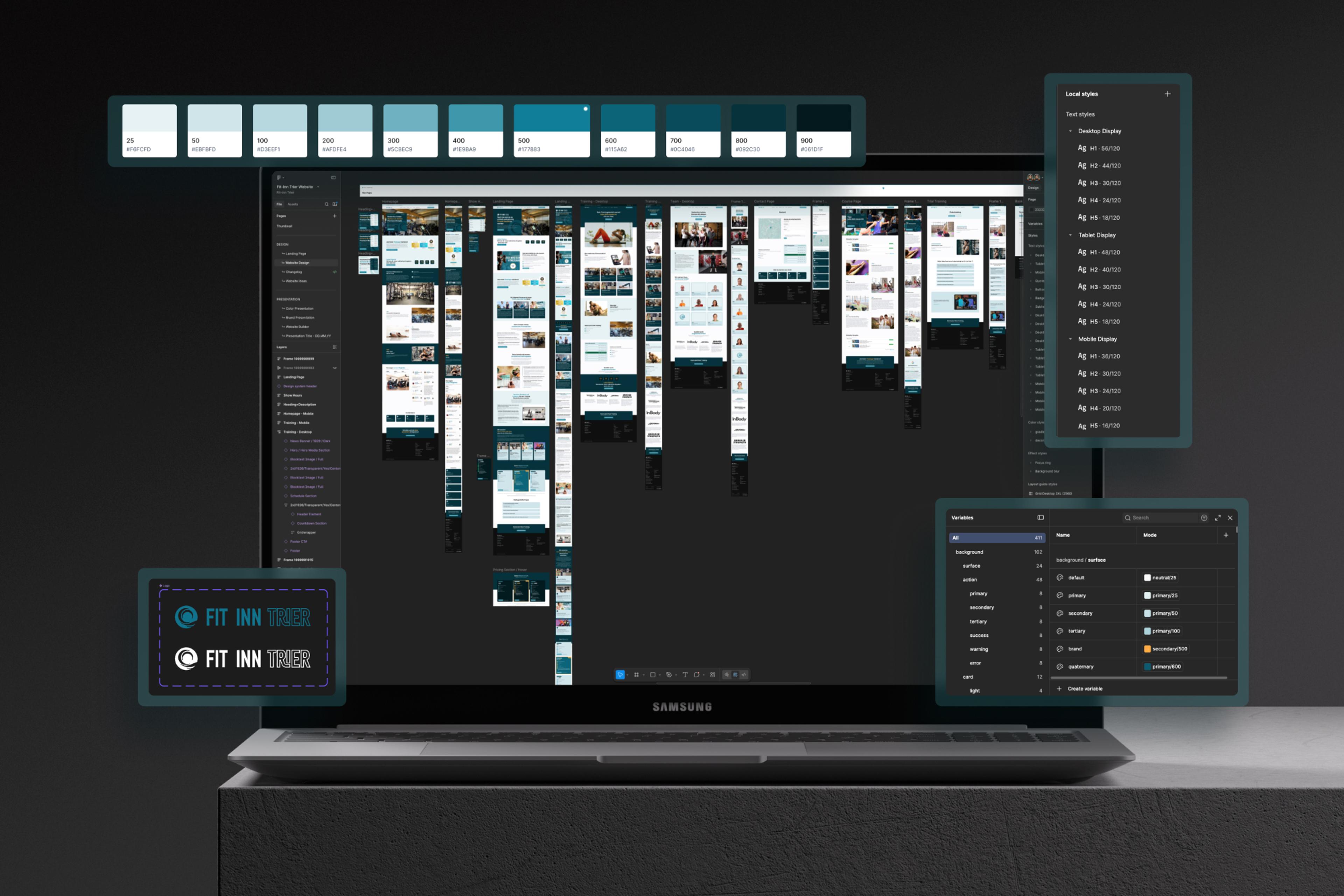 На экране ноутбука отображается инструмент для дизайна с несколькими экранами интерфейса и палитрами цветов.