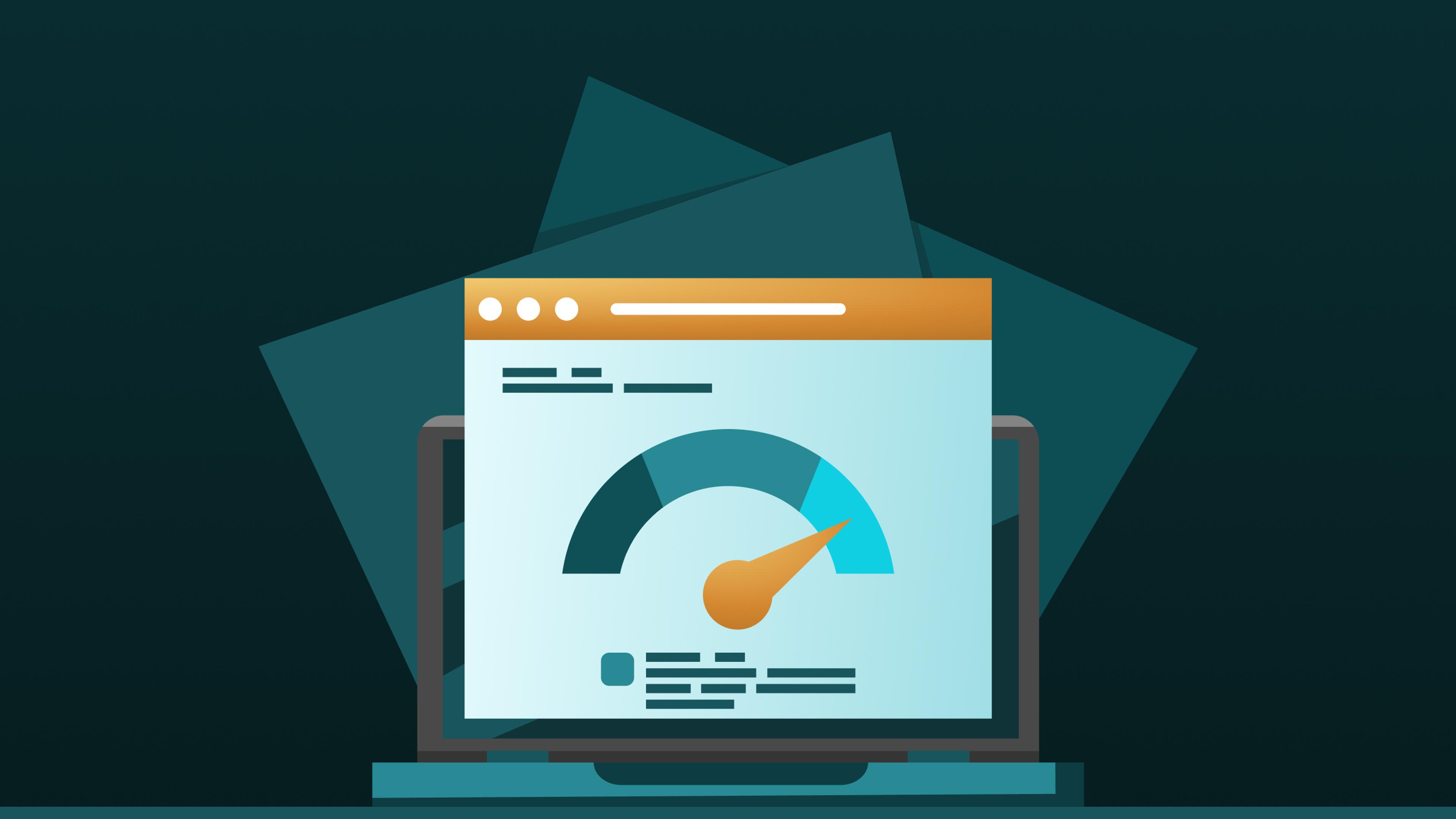 Ein Laptop mit einem geöffneten Browserfenster, das ein halbkreisförmiges Leistungsdiagramm (Gauge) mit Nadel und Textzeilen anzeigt.