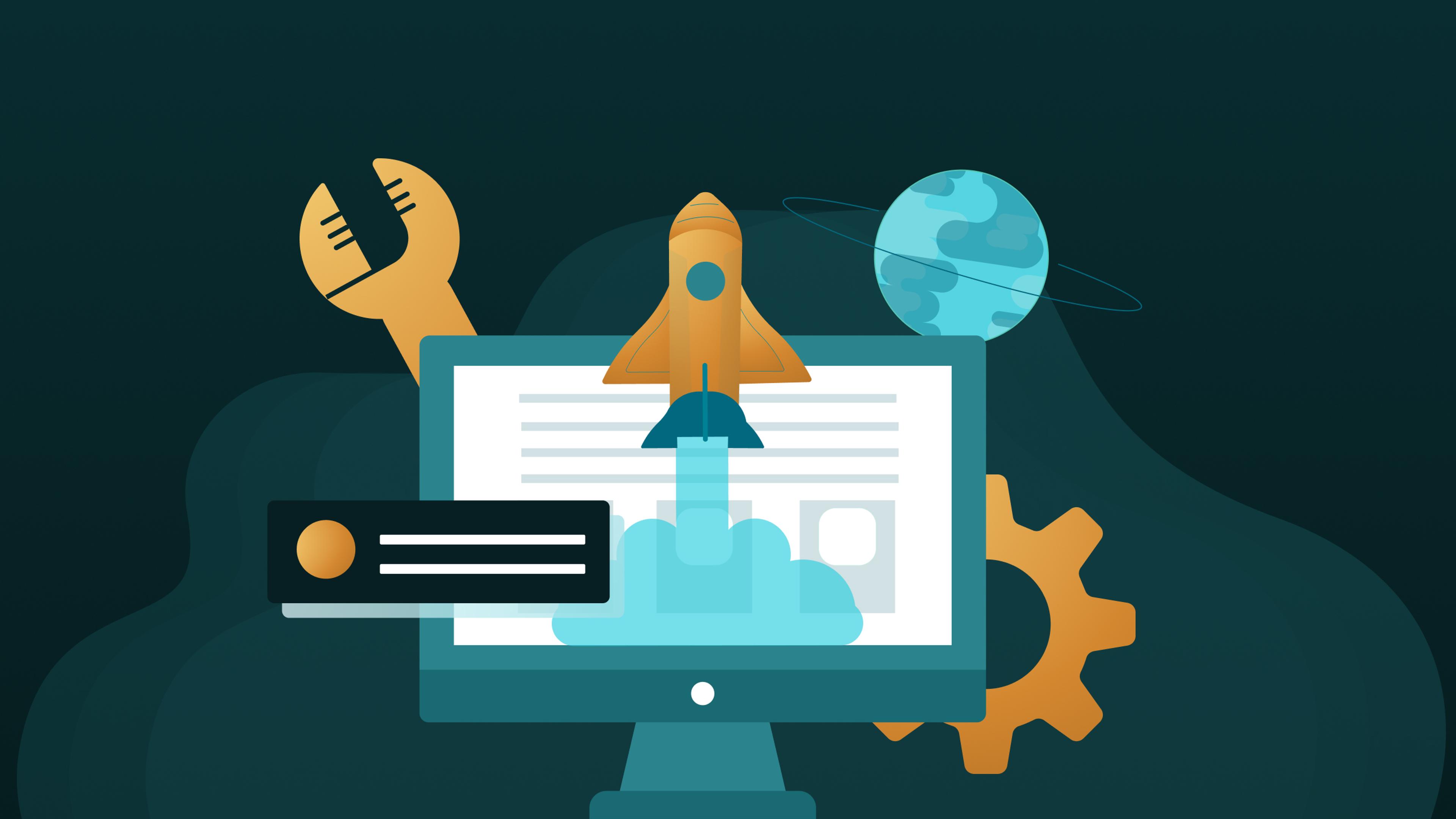 Illustration: Ein orangefarbenes Raketen-Symbol startet aus dem Bildschirm eines Computers; im Hintergrund ein goldener Schraubenschlüssel links, ein Zahnrad rechts und ein blau-grüner Planet oben rechts; ein Benachrichtigungsfeld mit orangefarbenem Punkt befindet sich links im Vordergrund.