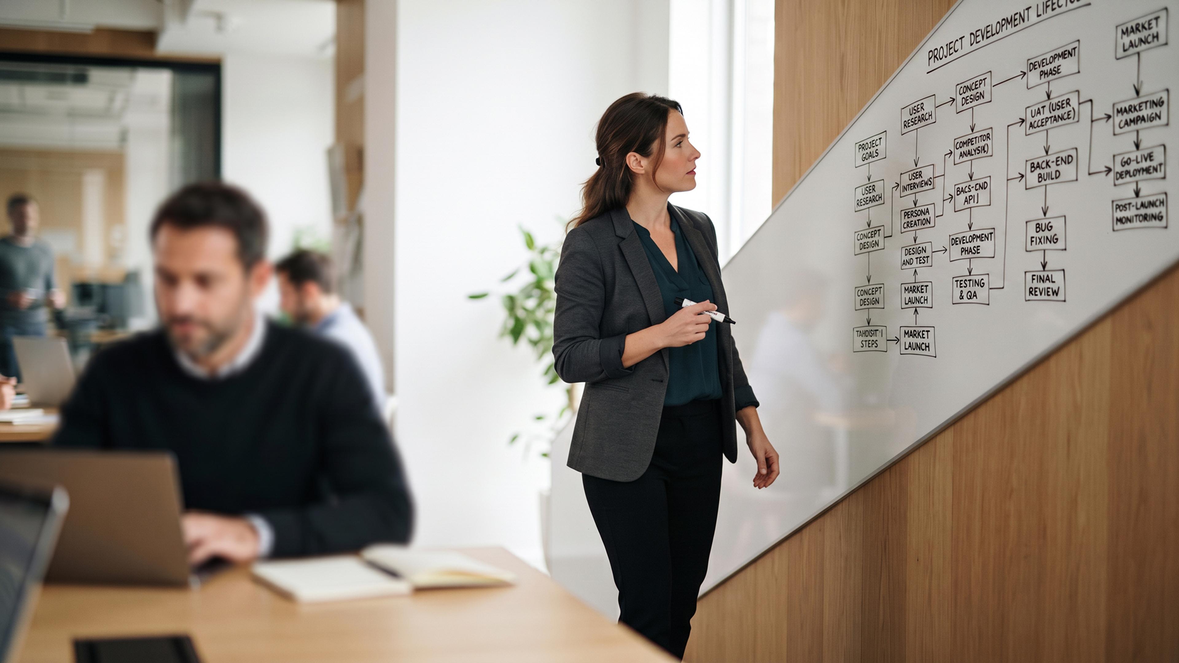 Frau im grauen Blazer zeigt auf ein Flussdiagramm am Whiteboard in einem Büro.
