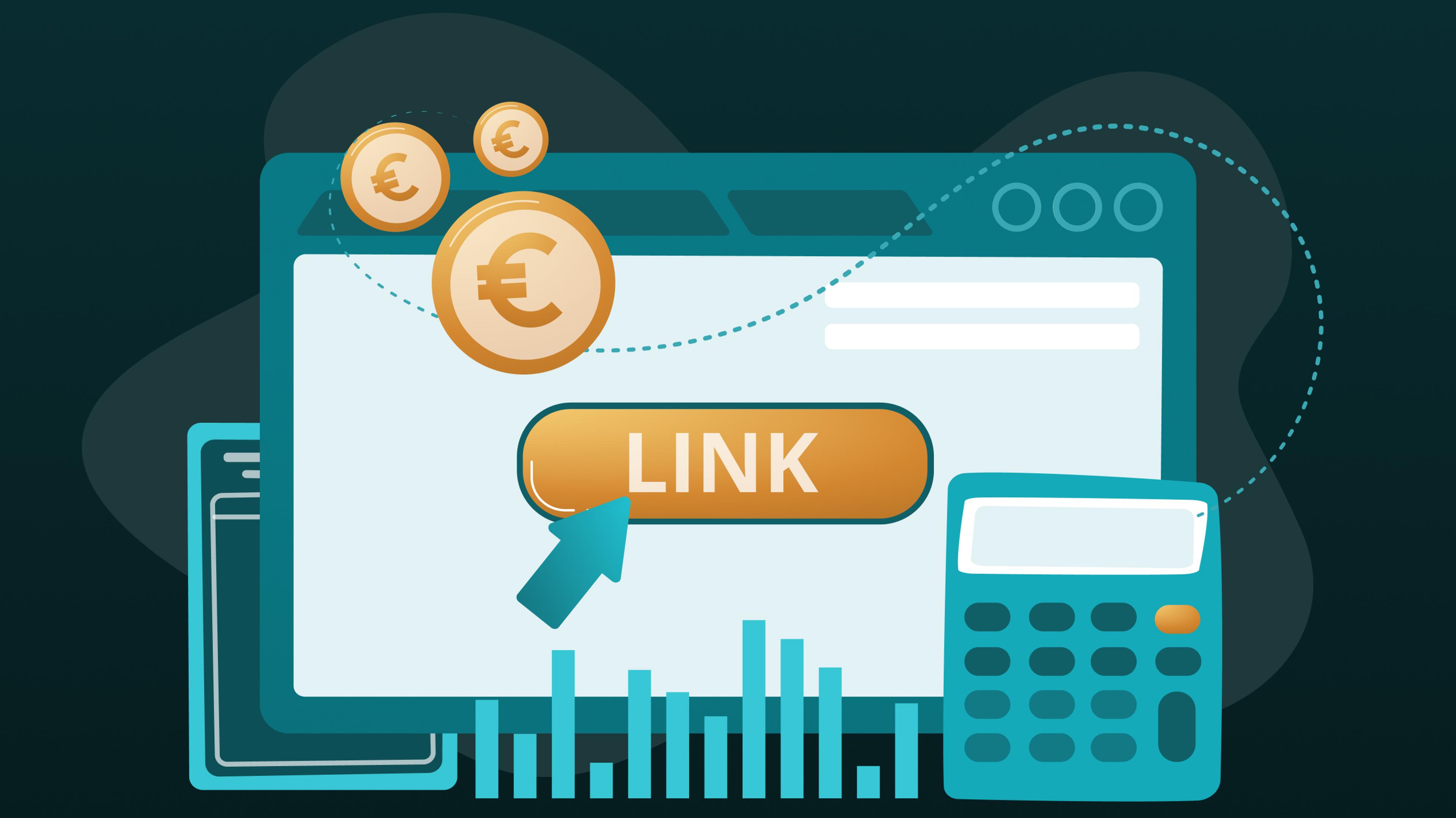 Illustration eines Computerbildschirms mit Link-Button, Euro-Münzen und einem Taschenrechner.