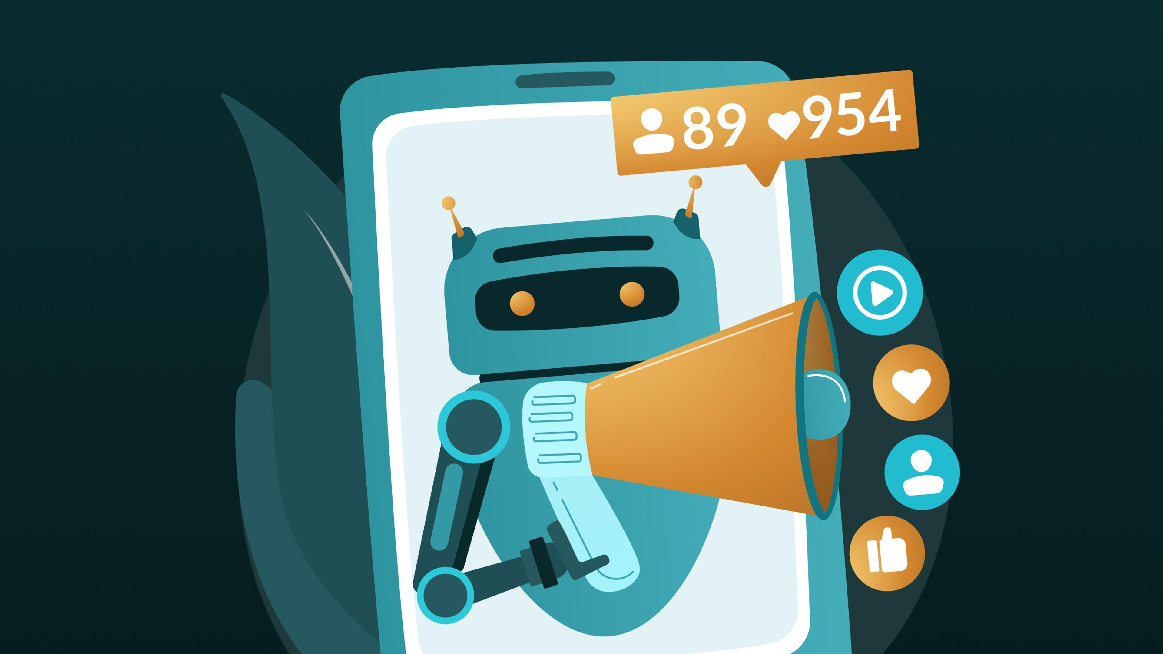 Blauer Roboter hält Megafon neben Smartphone mit sozialen Medien Icons