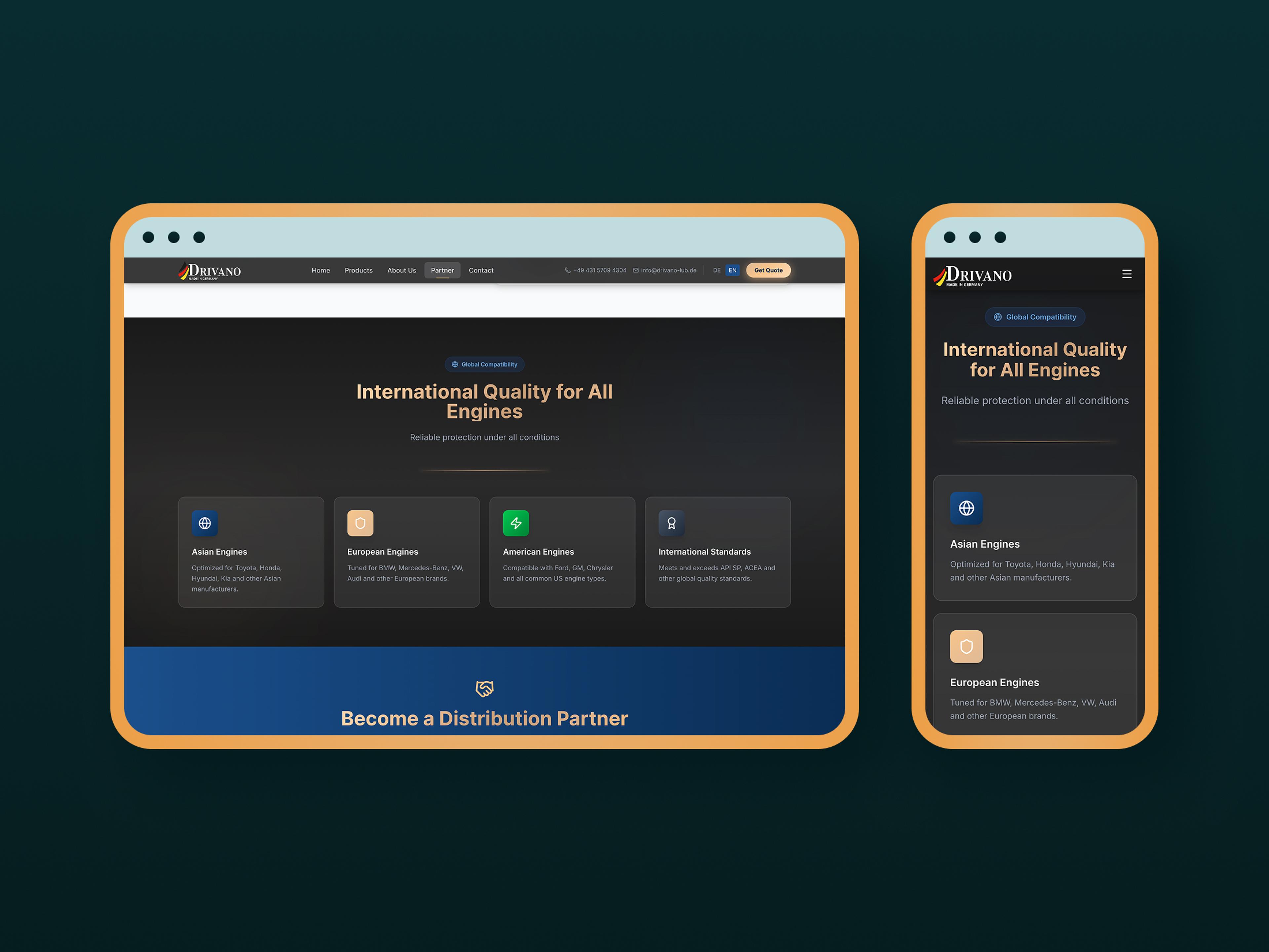 Zwei Gerätbildschirme mit Website über internationale Motorenqualität und Kompatibilität