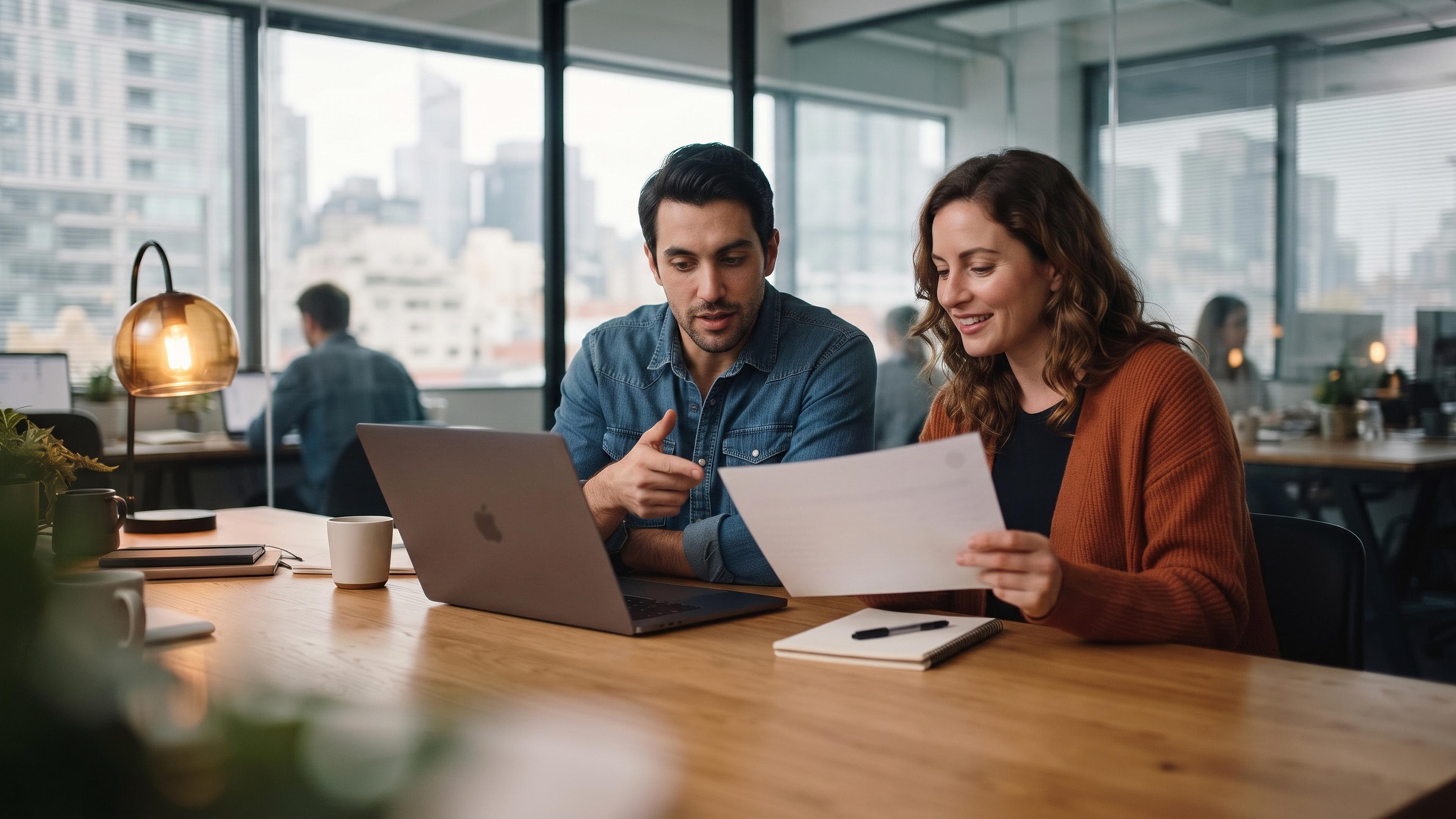 Mann und Frau im Büro, besprechen ein Dokument am Tisch mit Laptop