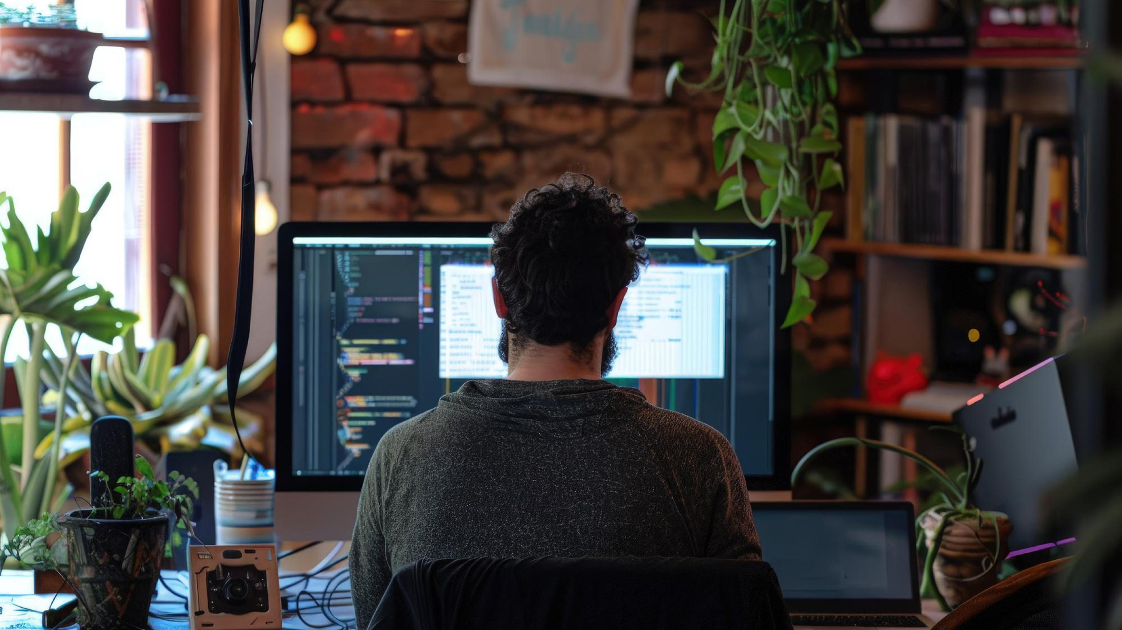 Eine Person von hinten sitzt an einem Schreibtisch vor einem großen Monitor, auf dem Programmiercode und geöffnete Fenster sichtbar sind; im Raum sind Zimmerpflanzen, ein Bücherregal und eine Backsteinwand zu sehen.