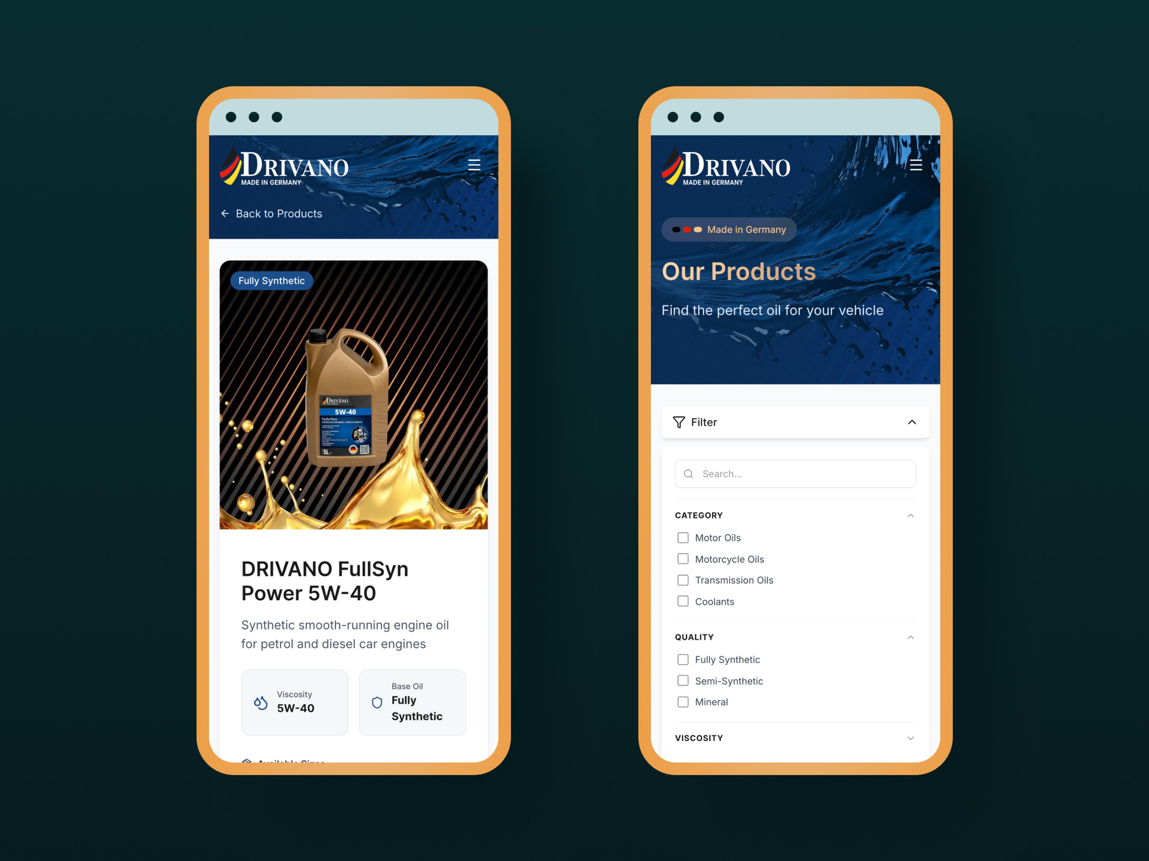 Zwei Mobilbildschirme zeigen Drivano Motoröl Produktseite mit synthetischem Öl.