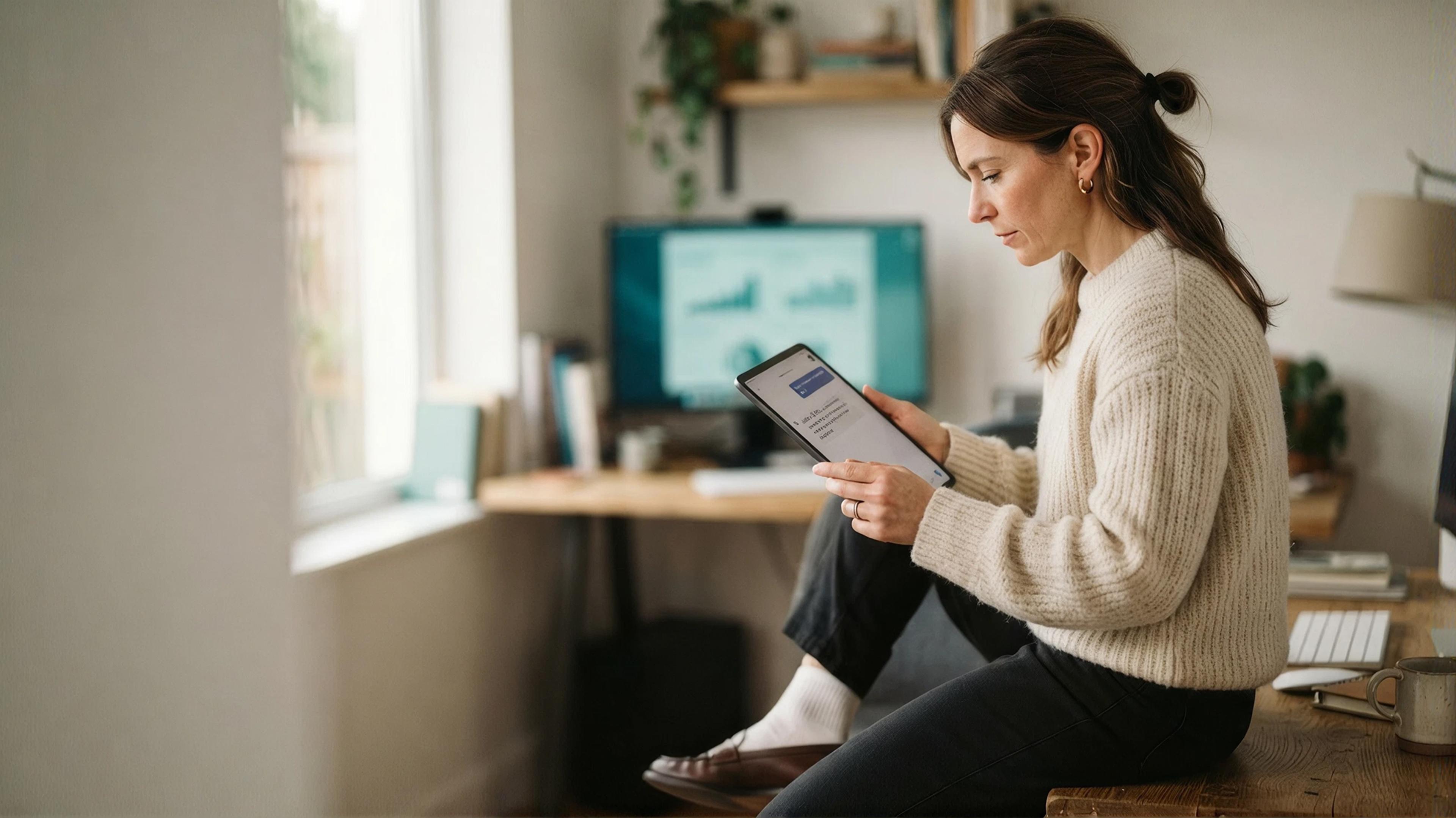 Woman in home office, sitting on table, holding tablet, wall-side windows