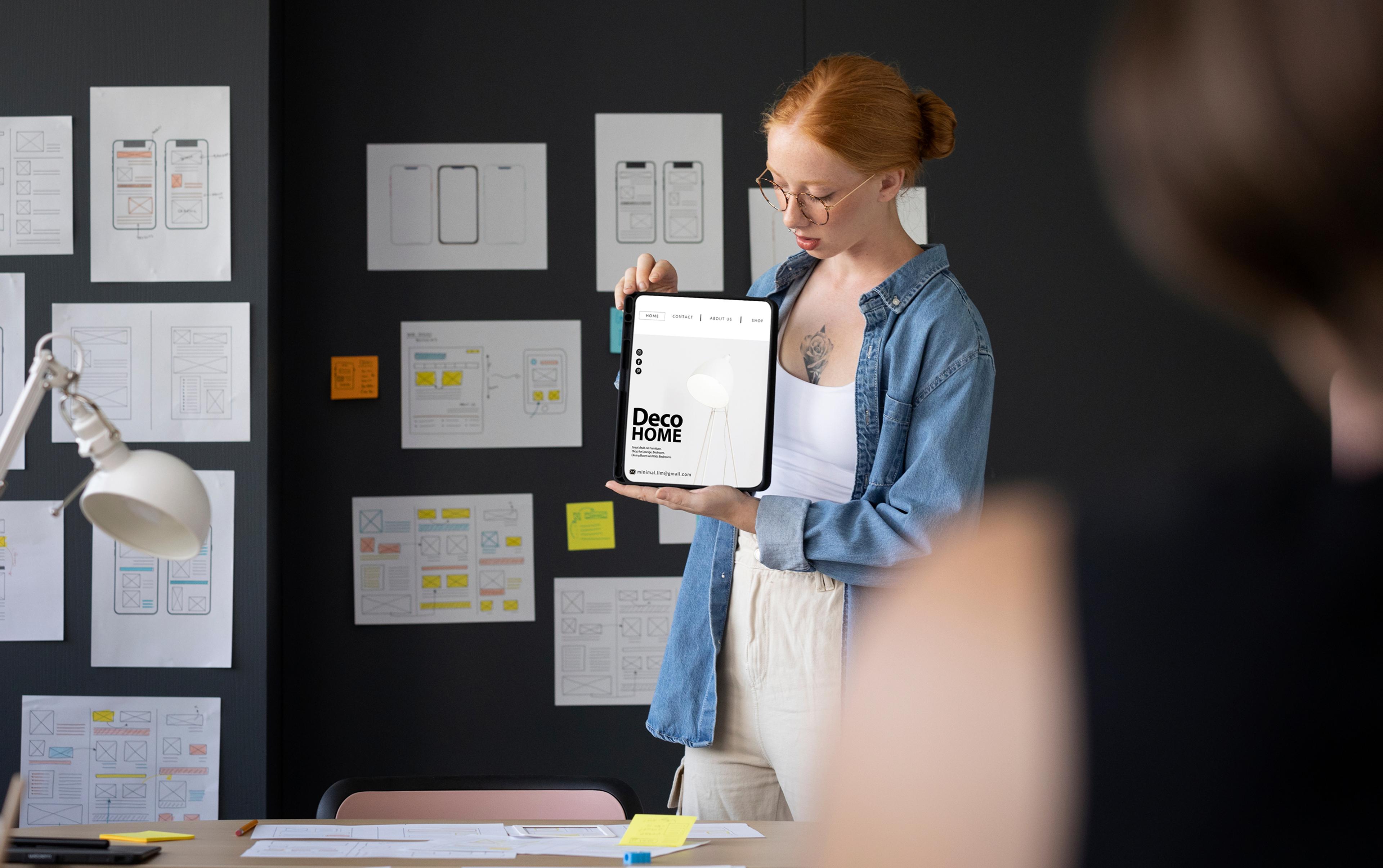 Frau hält Tablet mit Design in Büro vor Zeichnungen an schwarzer Wand.